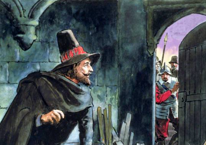 Ilustración de Guy Fawkes siendo descubierto