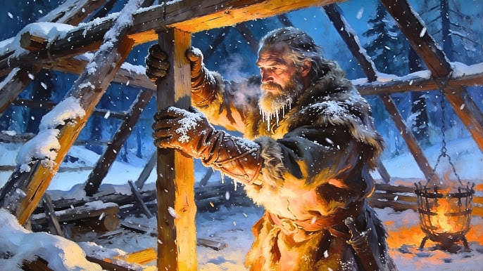 Ilustración de Vvikingo colocando un asentamiento temporal mientras cae nieve