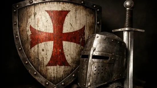 Escudo, casco y espada templaria, viejos y desgastados