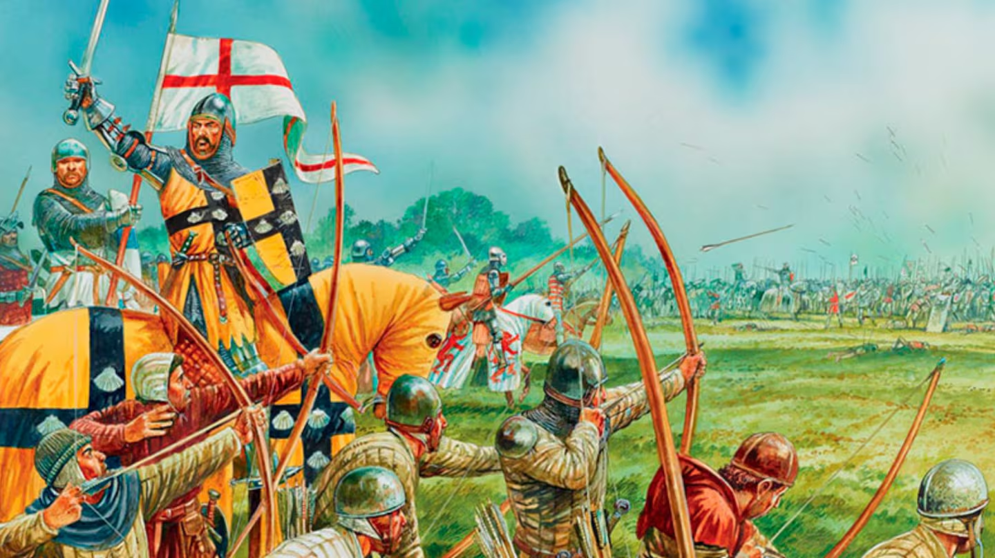 Ilustración de arqueros y caballeros en la guerra de los 100 años