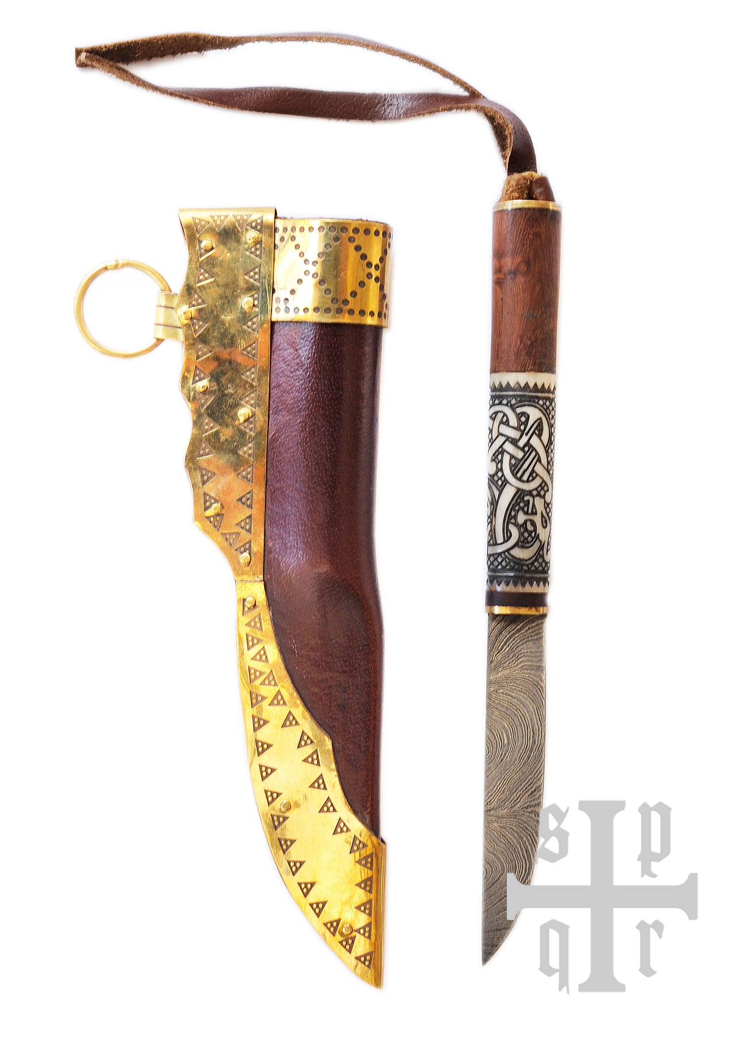 Imagen única de: Cuchillo Vikingo Pequeño, Acero De Damasco, Mango De Madera/hueso Con Motivo De Serpiente