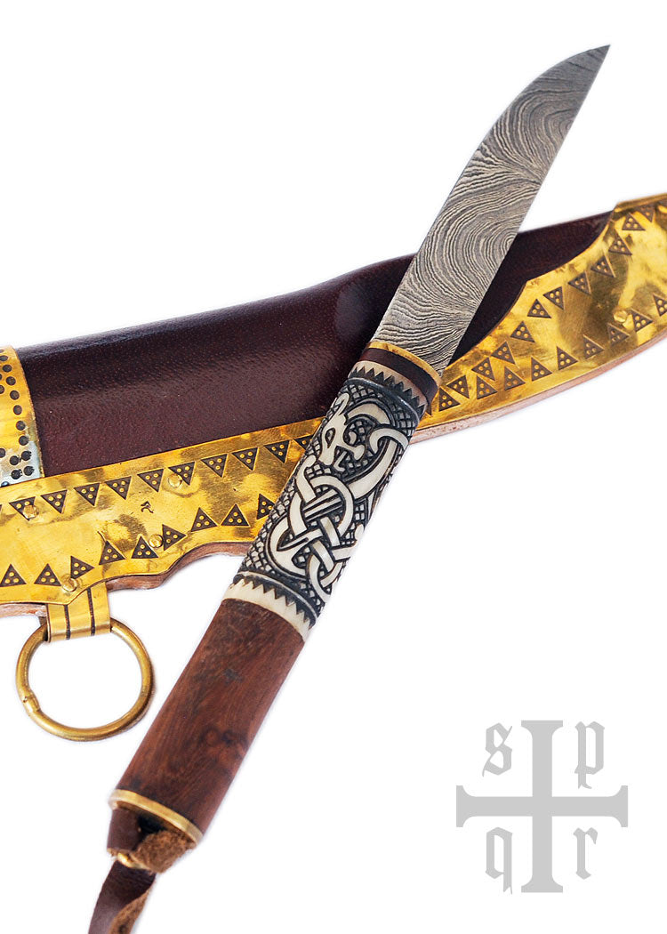Imagen única de: Cuchillo Vikingo Pequeño, Acero De Damasco, Mango De Madera/hueso Con Motivo De Serpiente