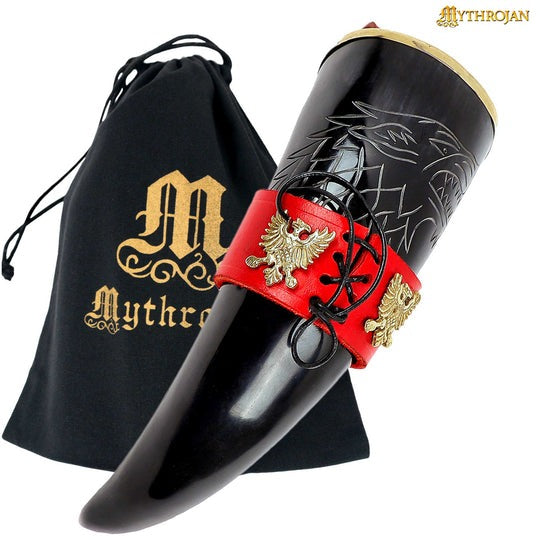 Imagen única de: Mythrojan el Rey del Norte 300 Ml Cuerno para Beber con Soporte de Cuero Rojo