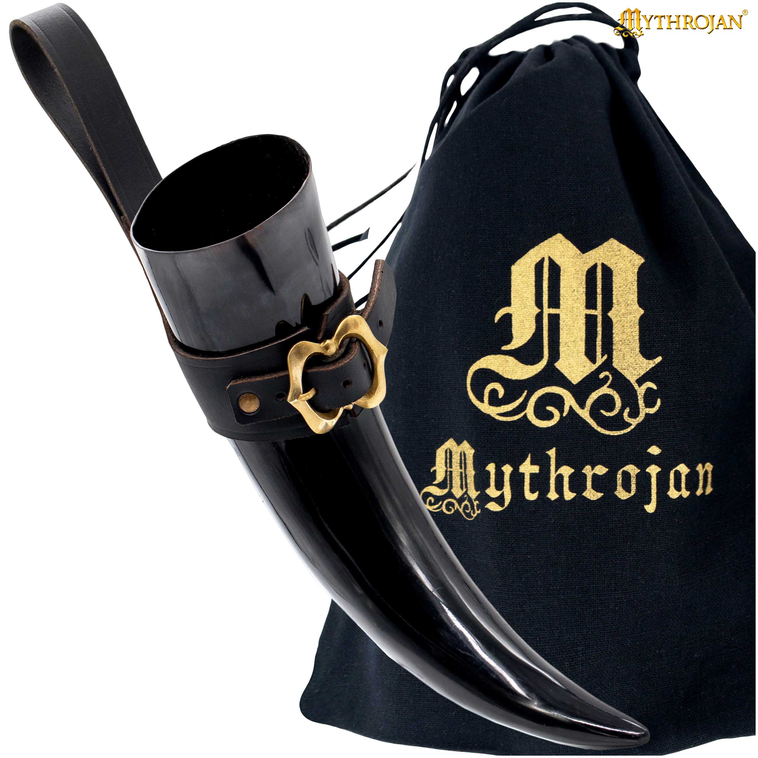 Imagen única de: Mythrojan El Soldado Leal – Cuerno Vikingo 400 ml con Soporte de Cuero Negro Acabado Pulido