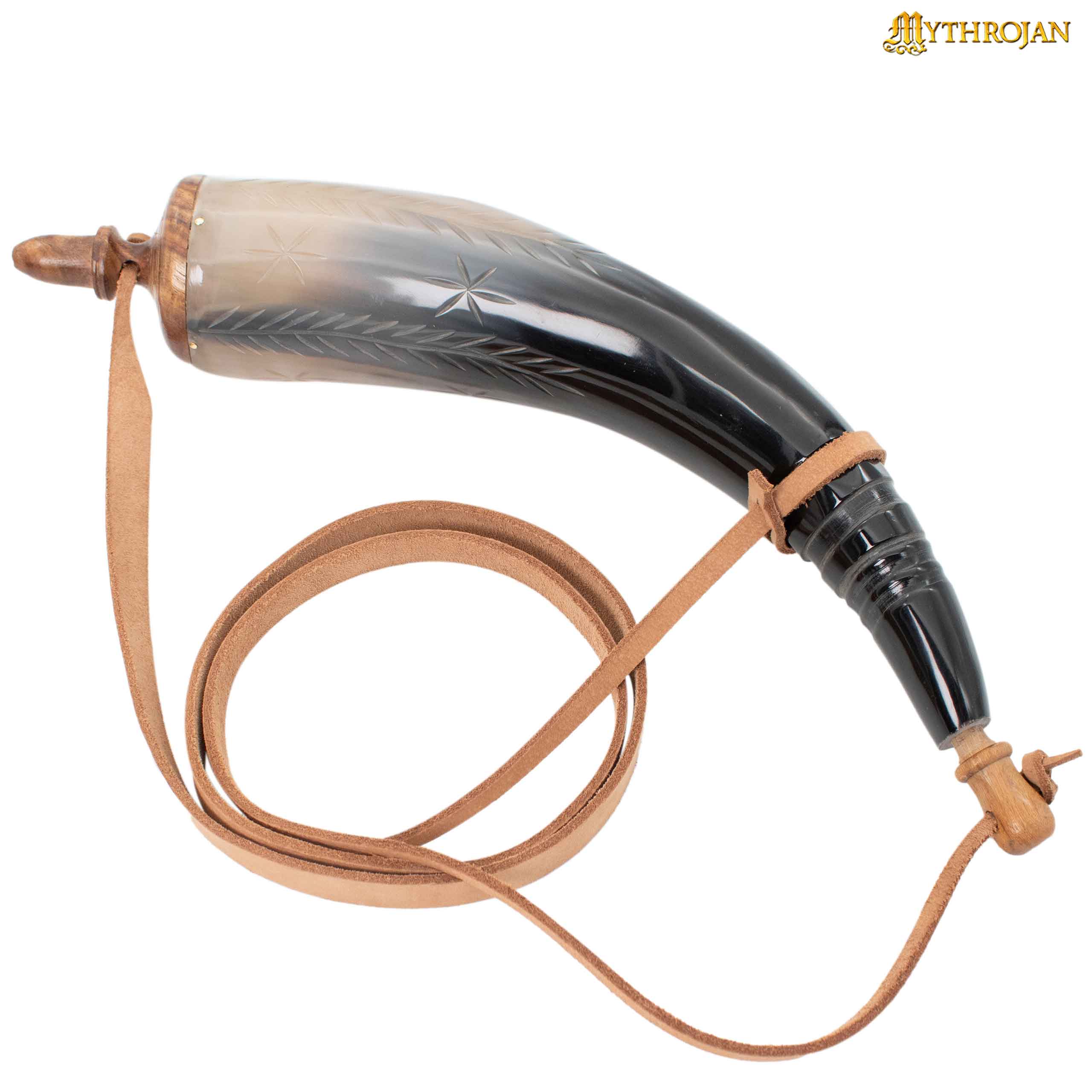 Imagen única de: Mythrojan Pólvora Tallada a Mano 14" Cuerno con Correa de Cuero Natural