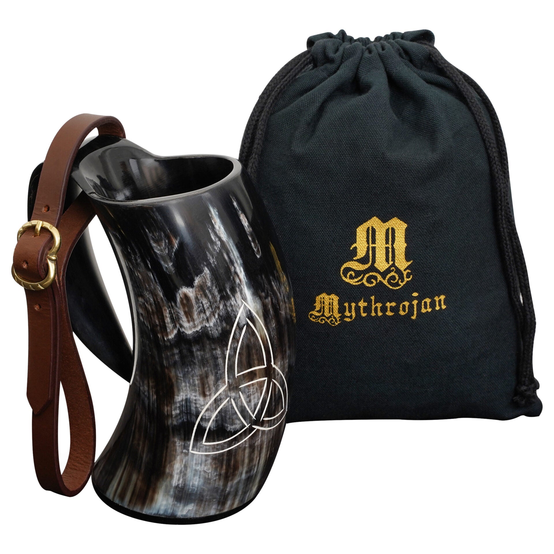 Imagen única de: Jarra de cuerno de buey con nudo triquetra y funda de cuero