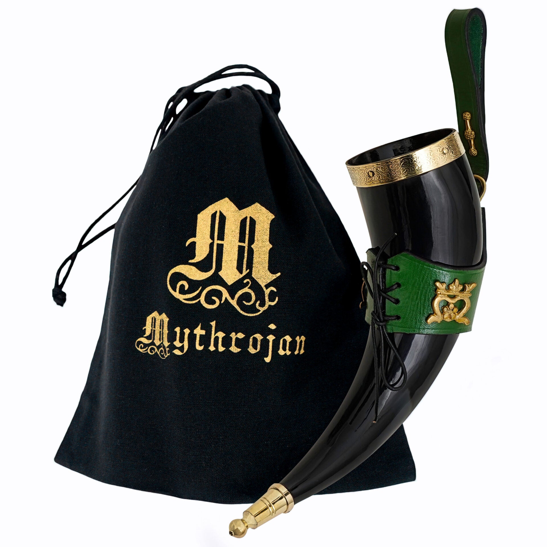 Cuerno vikingo 350 ml 'The Elegant Lady' con funda de cuero verde