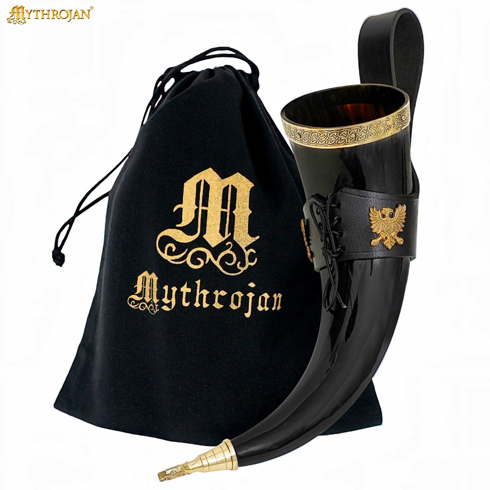 Imagen única de: Mythrojan The Bird Of Prey Viking Drinking Horn 350 Ml con Soporte de Cuero Negro Auténtica Jarra de Vino/cerveza Vikinga de Inspiración Medieval - Acabado Pulido