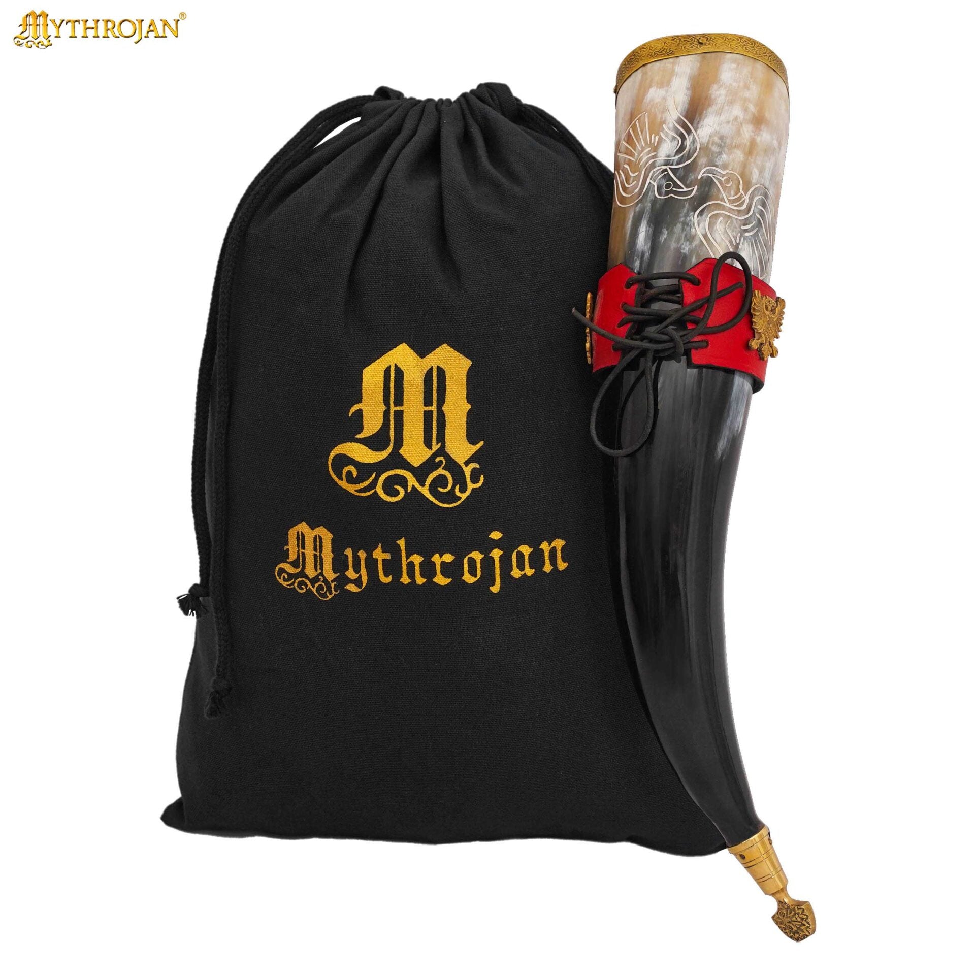 Imagen única de: Mythrojan El Ave de Presa – Cuerno Vikingo Pulido 350 ml con Soporte de Cuero Rojo