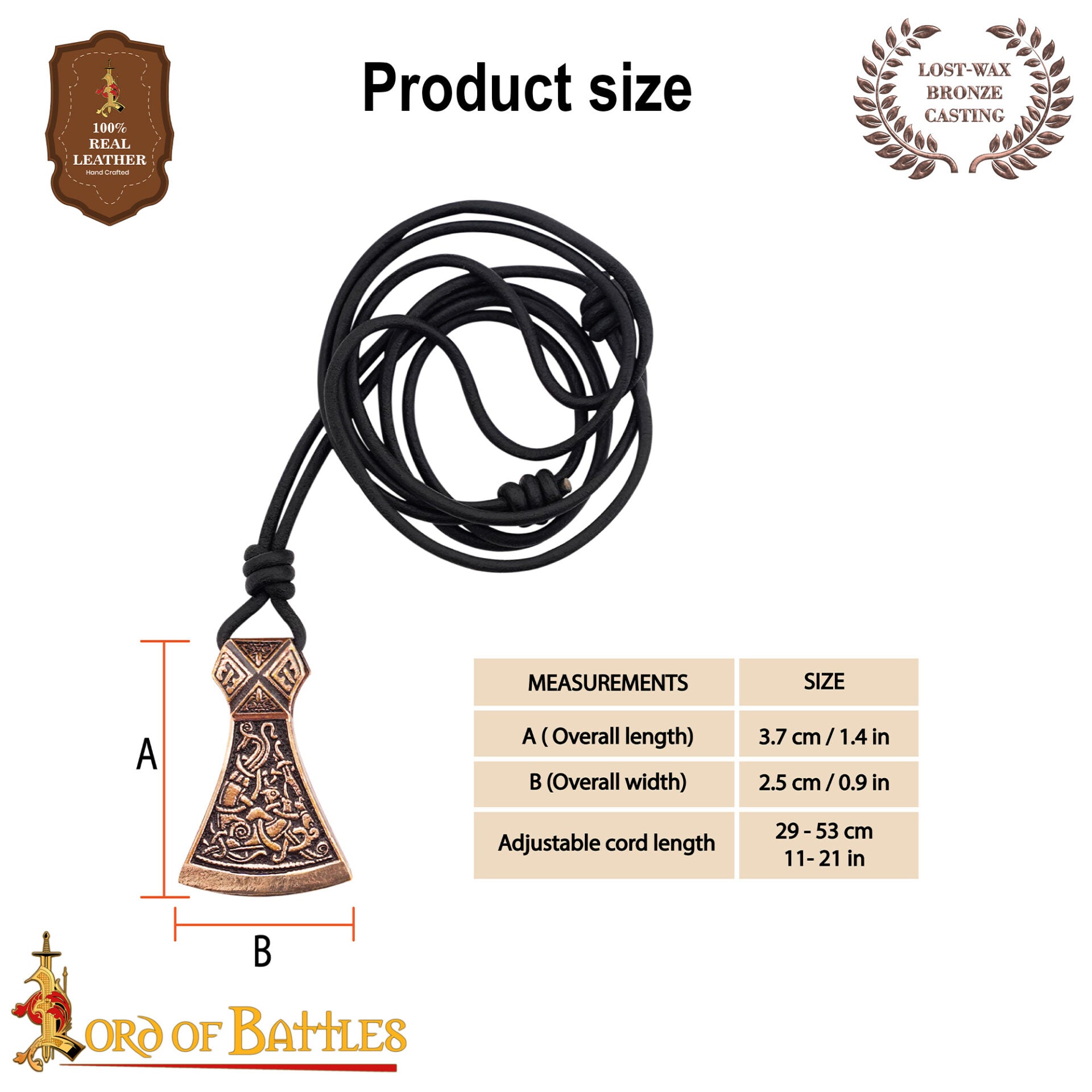Colgante hacha de bronce - cera perdida, cordón de cuero ajustable - imagen 4
