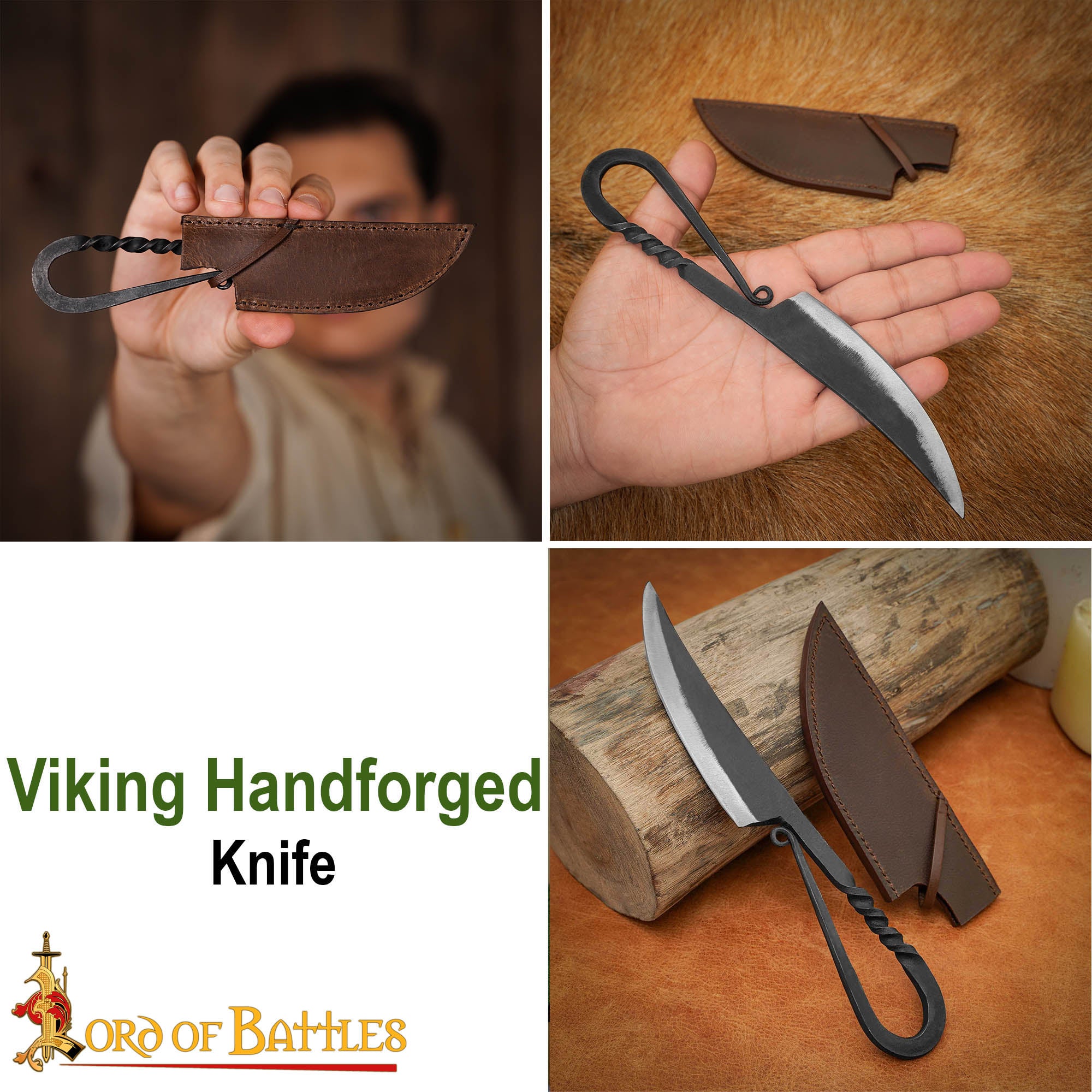 Imagen única de: Auténtico Cuchillo Vikingo de Hierro Forjado a Mano - Mango Retorcido con Vaina de Cuero Auténtico
