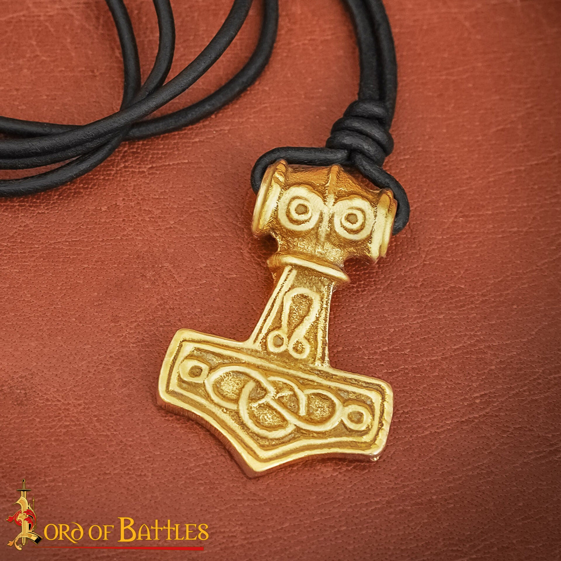 Imagen única de: Colgante Mjolnir con Cordón de Cuero - Latón, Martillo de Thor