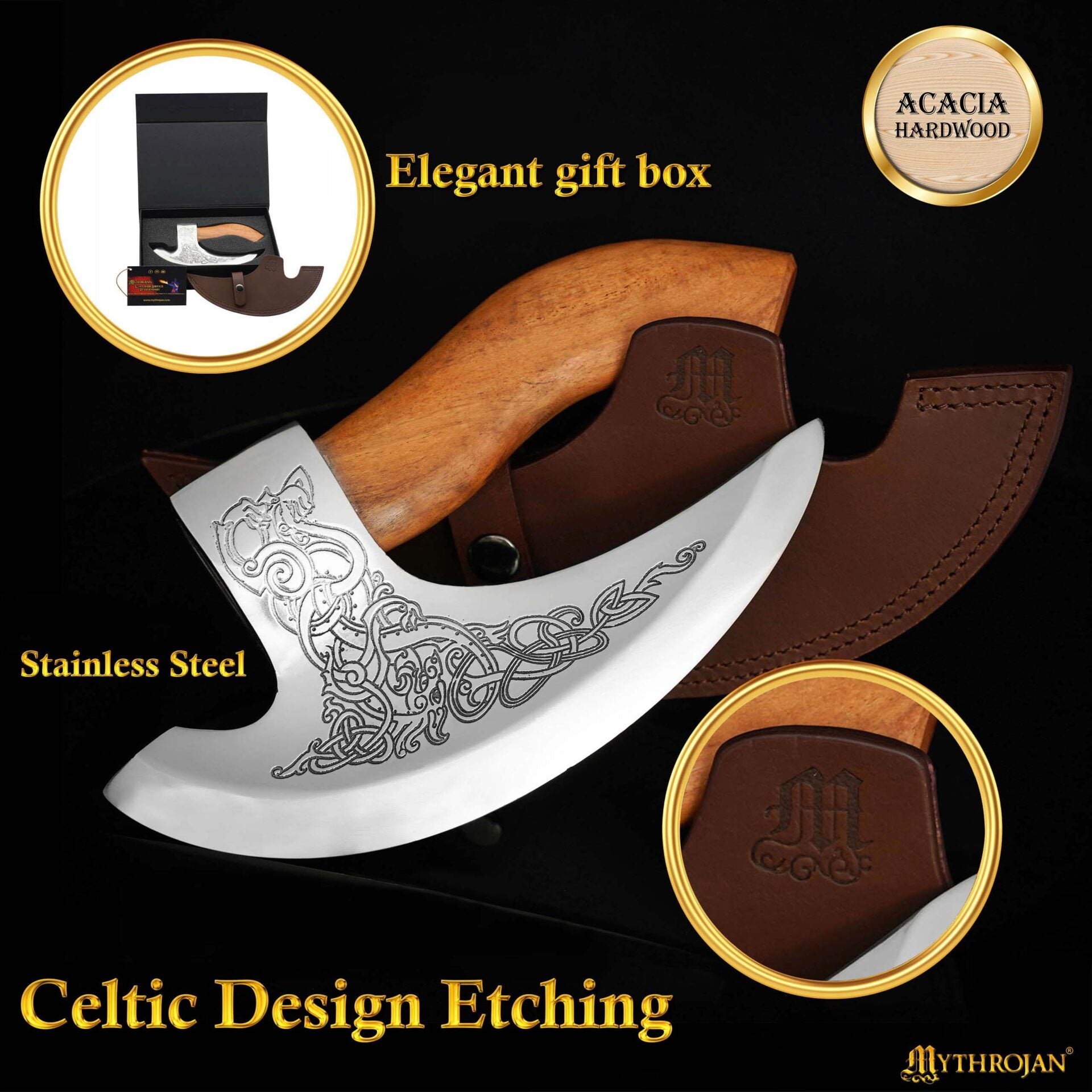 Imagen única de: Mythrojan Hacha Vikinga para Pizza - Cortador de Pizza de Acero Inoxidable Forjado a Mano con Mango de Acacia Maciza y Funda de Cuero - Grabado Celta - Caja de Regalo