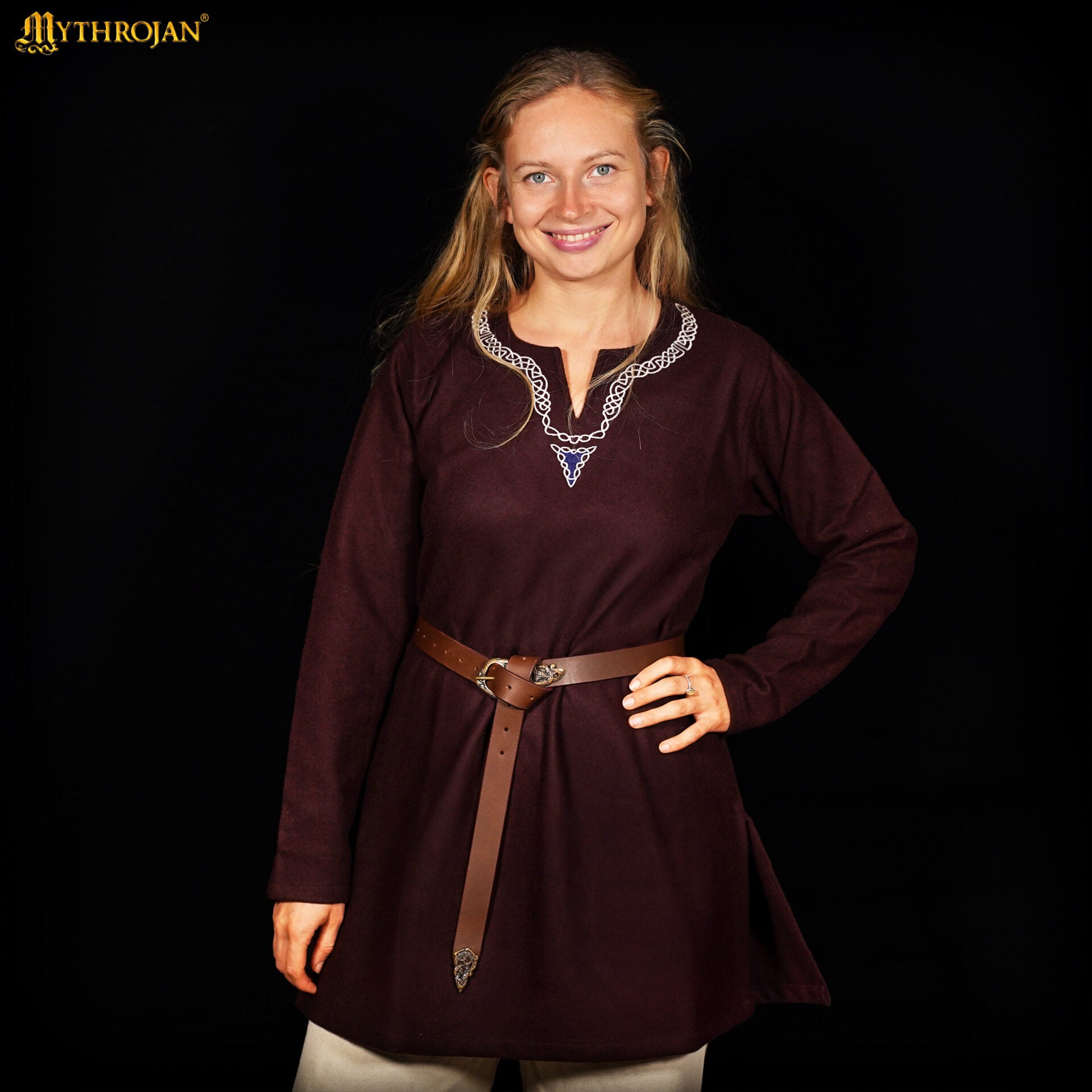 Túnica de lana bordada, estilo vikingo y renacentista - Marrón - S