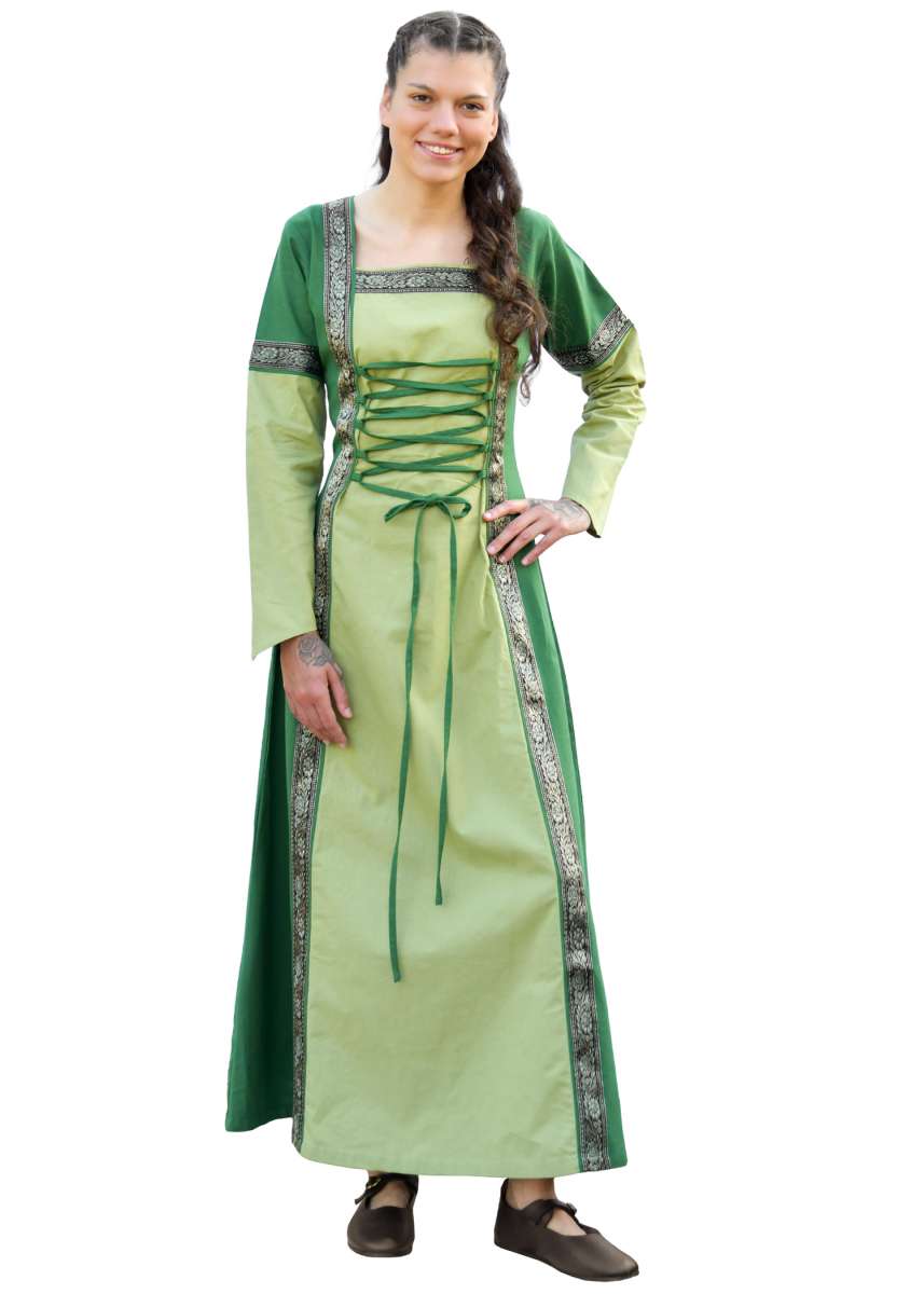 Vestido Medieval de Algodón Eleanor Color Verde en Varios Tonos