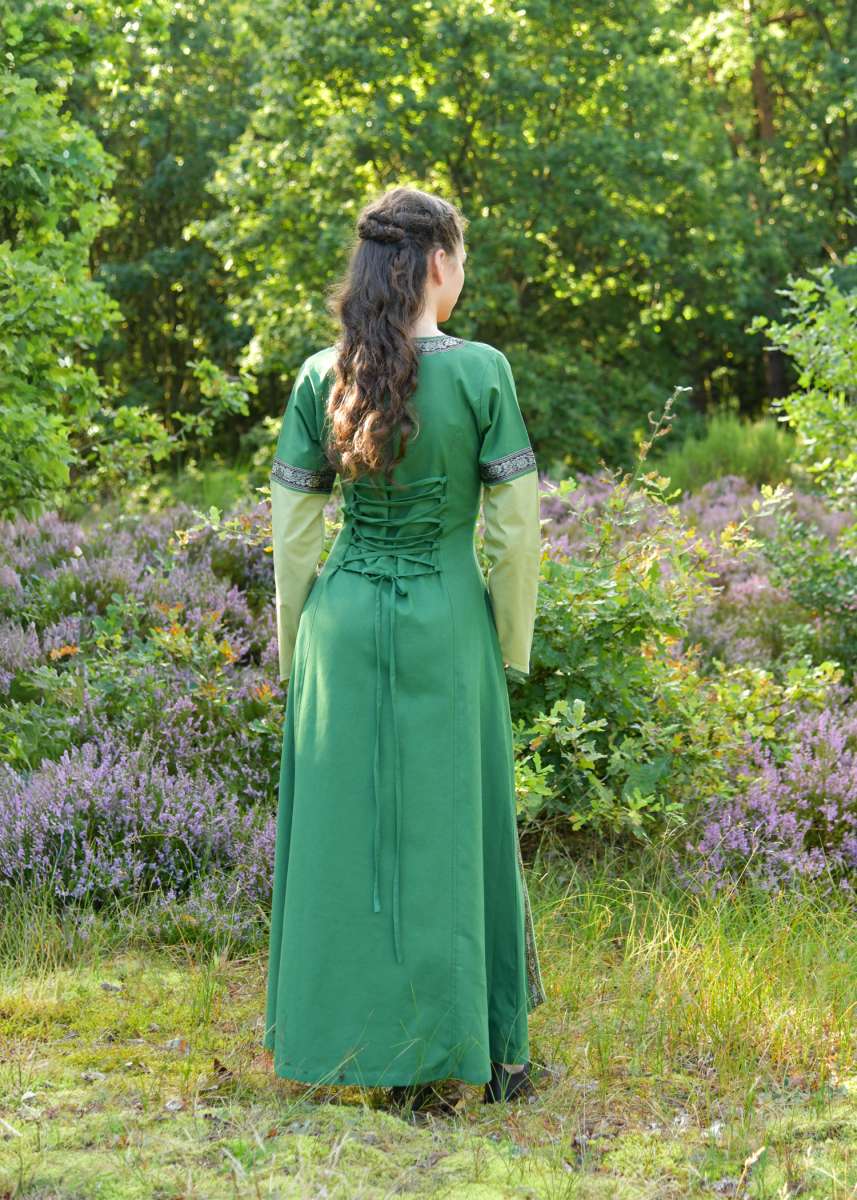 Vestido Medieval de Algodón Eleanor Color Verde en Varios Tonos