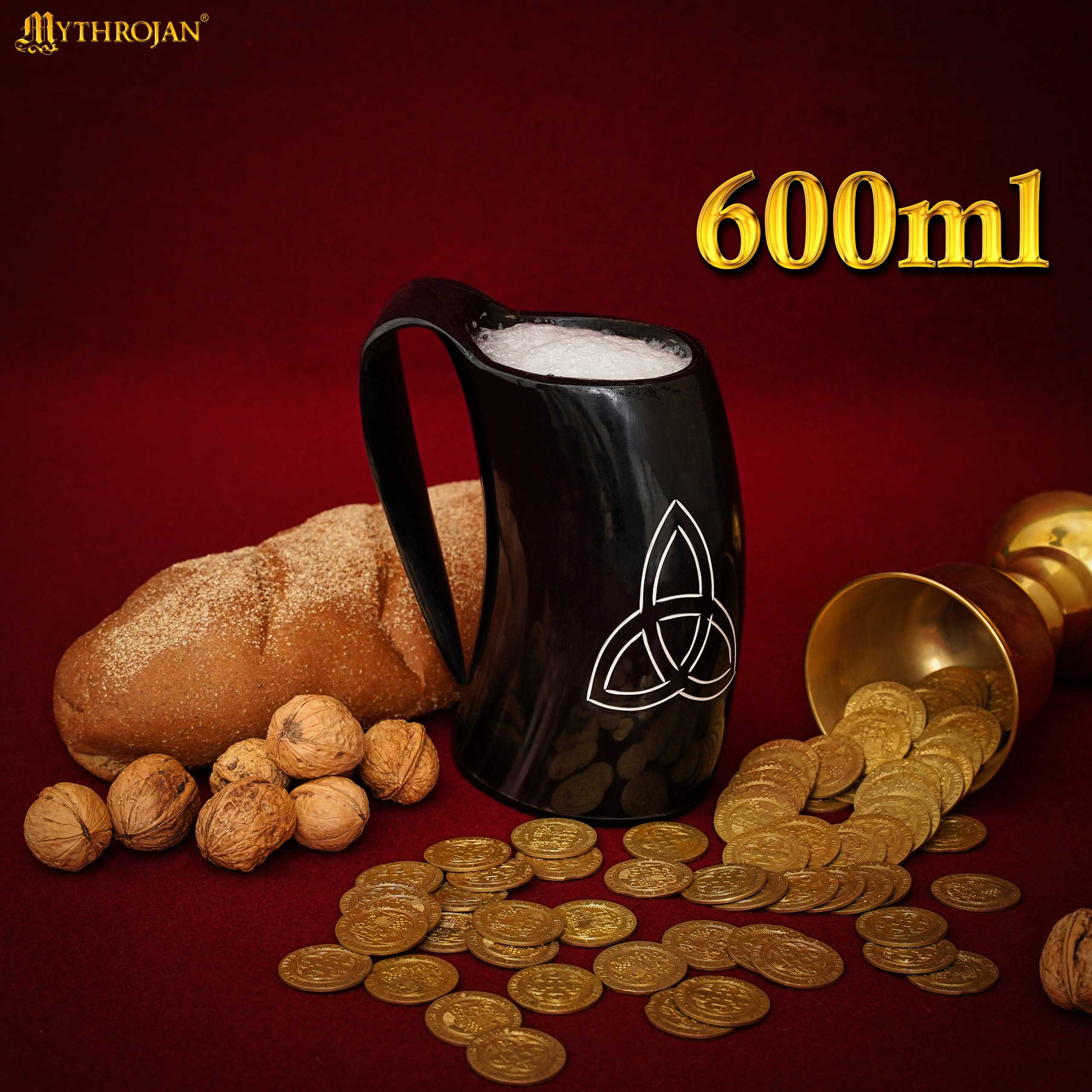 Jarra de cuerno de buey con nudo triquetra y funda de cuero - imagen 14