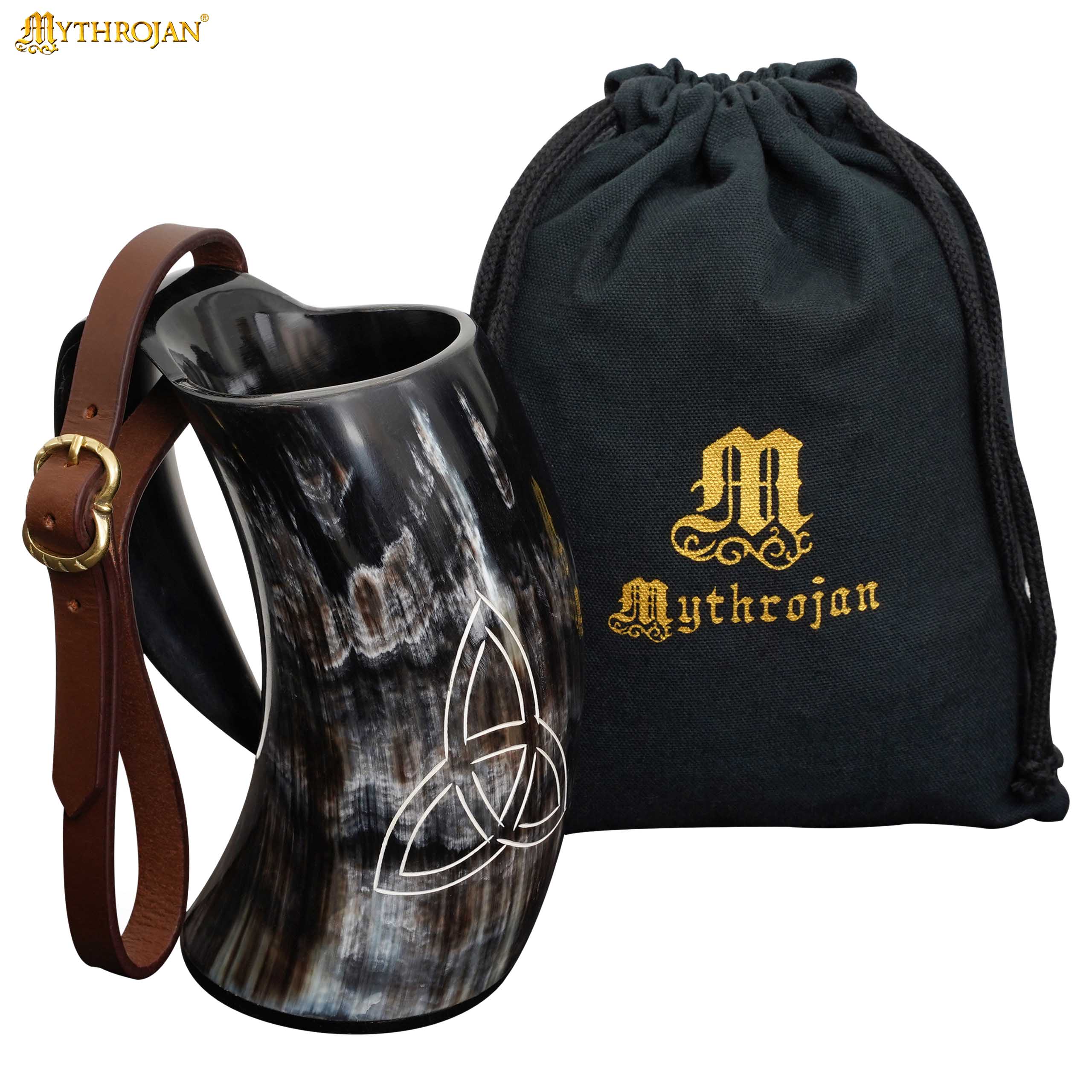 Jarra de cuerno de buey con nudo triquetra y funda de cuero - imagen 15