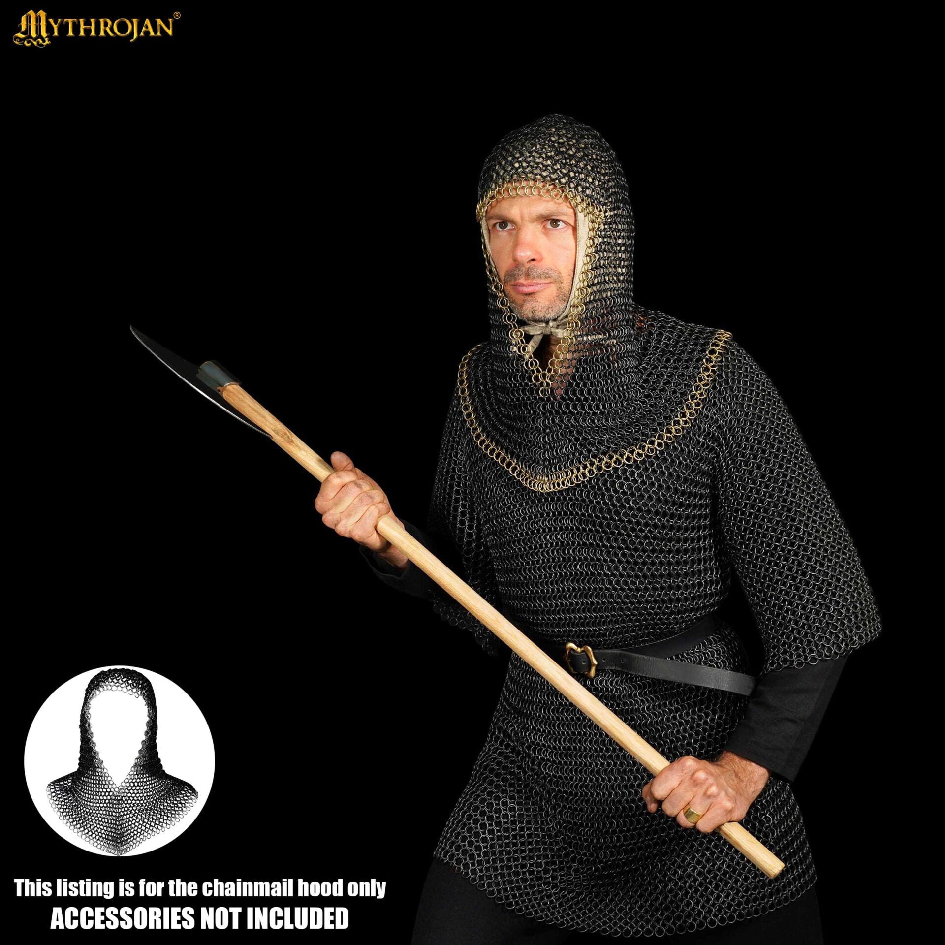 Imagen única de: Cofia Medieval de Cota de Malla - Acero Dulce Ennegrecido con Borde de Latón Macizo - Anillos de 10 Mm y 16 Galgas