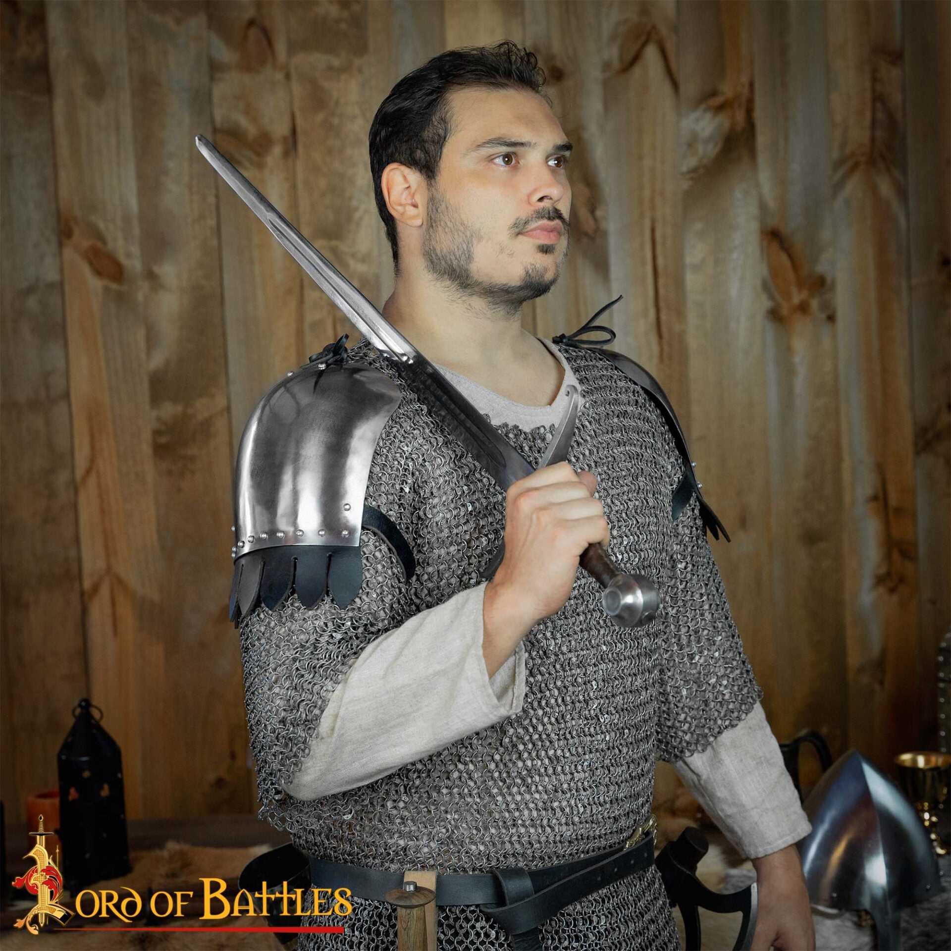 Haubergeon de malla medieval, media manga — anillas 10 mm, acero calibre 16, remachado - imagen 2