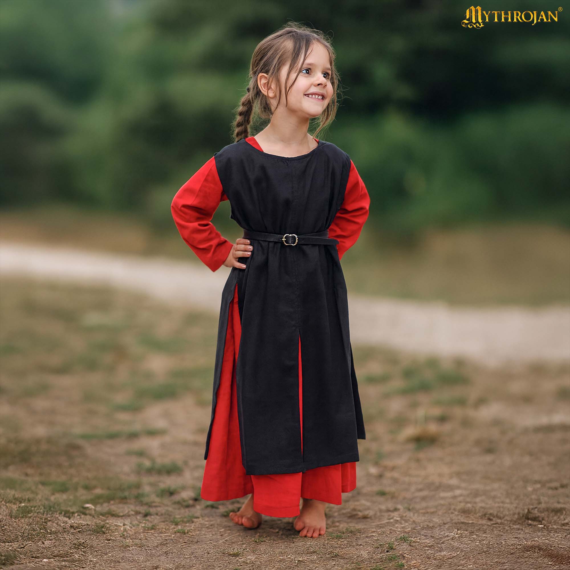 Tabardo medieval de algodón siglo XIV — sobrecota vikinga y normanda - Negro - kids-110
