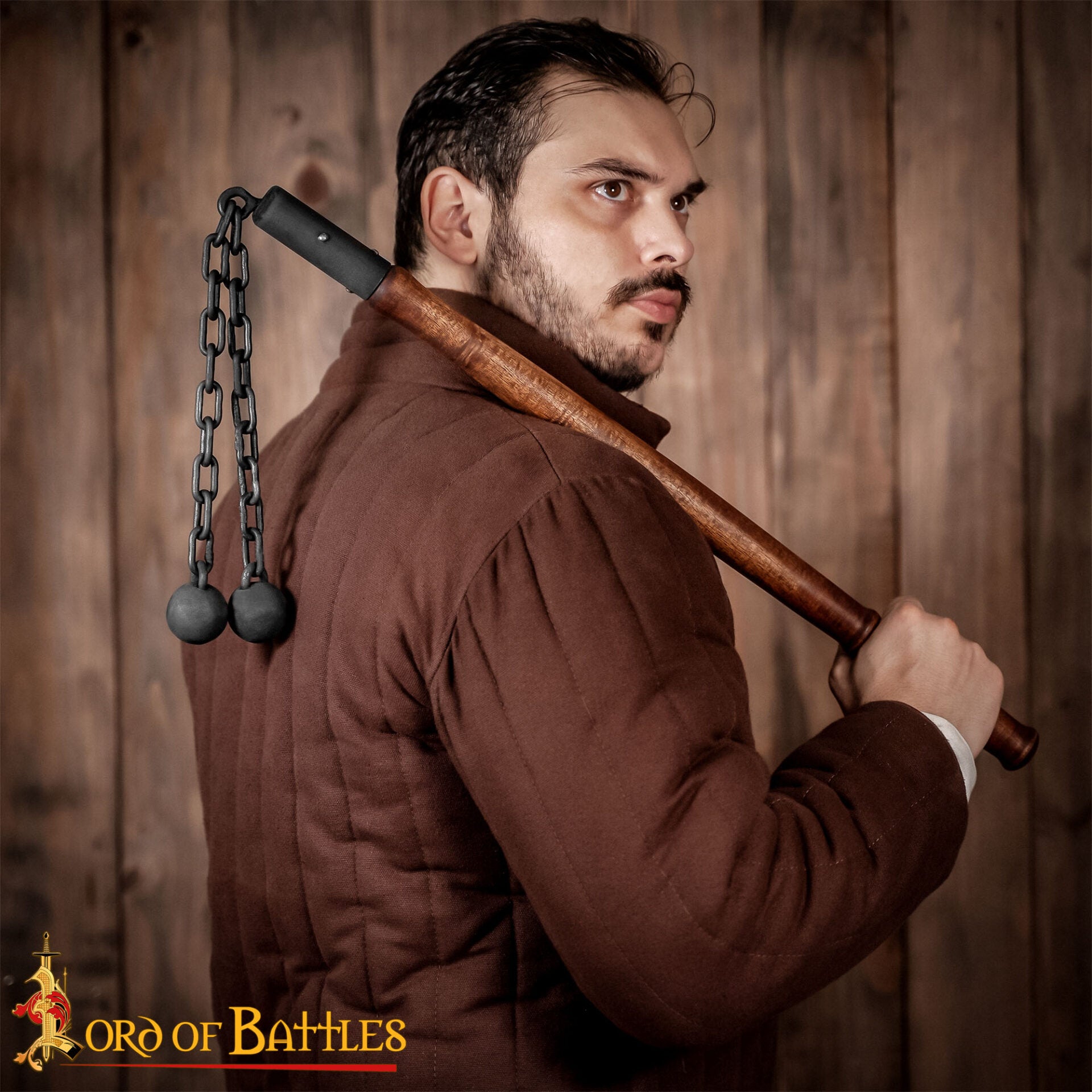 Flail de batalla medieval tardío — doble bola de hierro y mango de madera - imagen 6