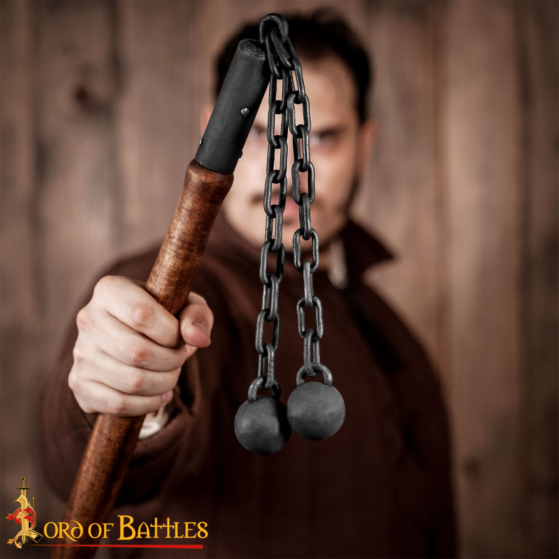 Flail de batalla medieval tardío — doble bola de hierro y mango de madera - imagen 4