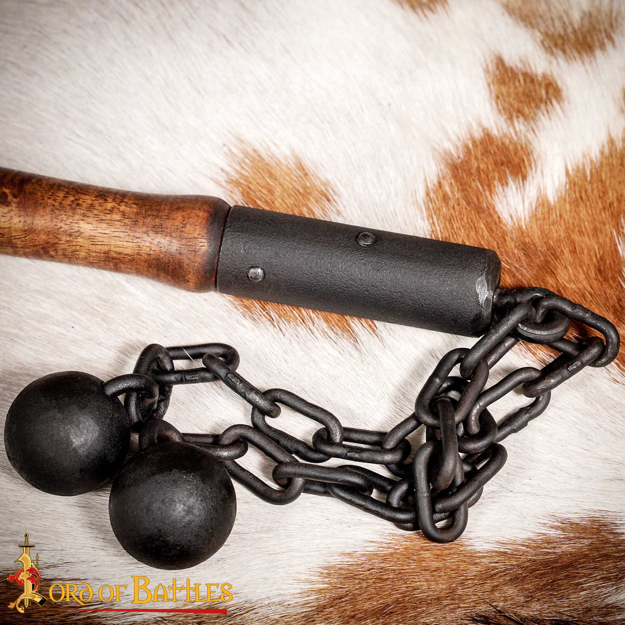 Flail de batalla medieval tardío — doble bola de hierro y mango de madera - imagen 13