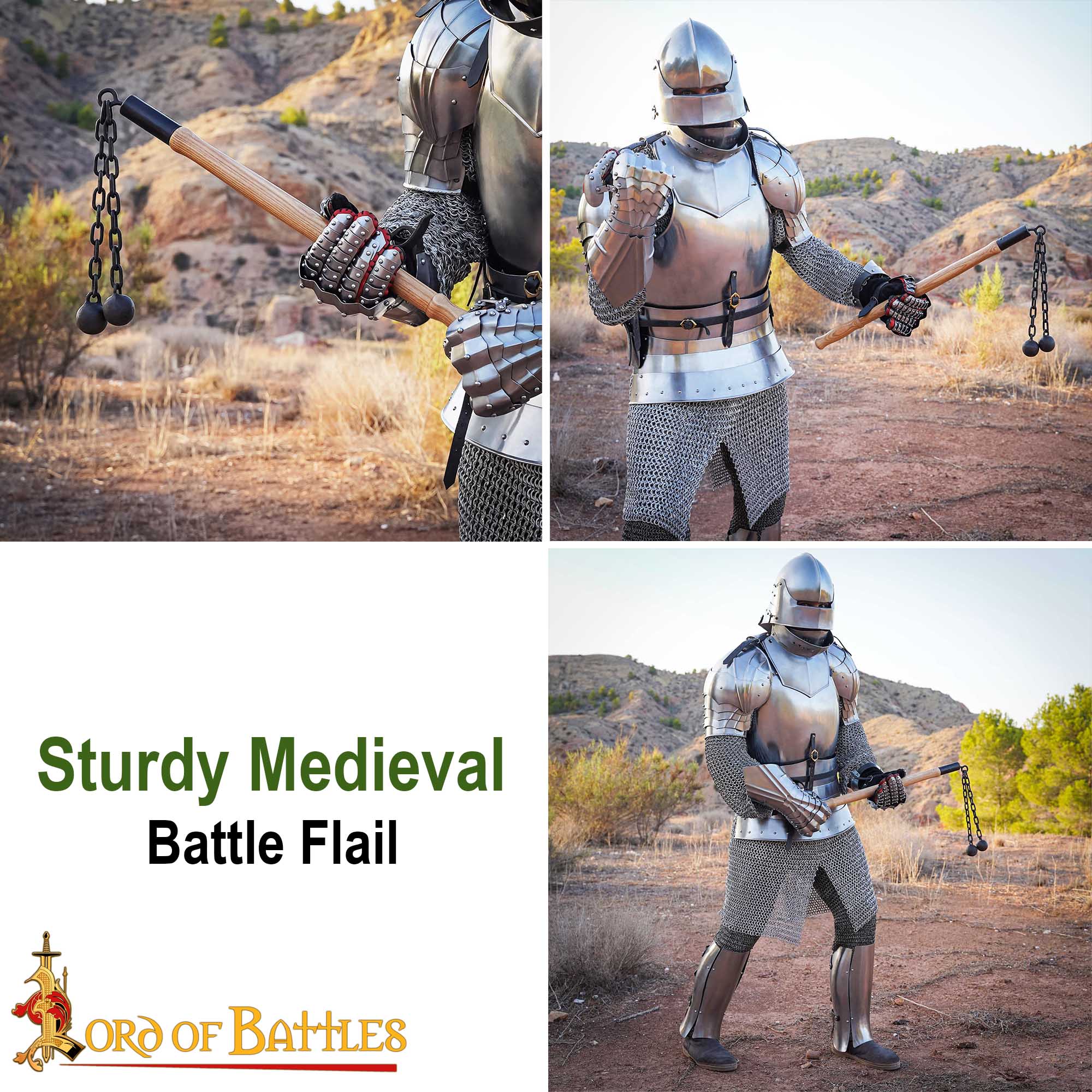 Flail de batalla medieval tardío — doble bola de hierro y mango de madera - imagen 17