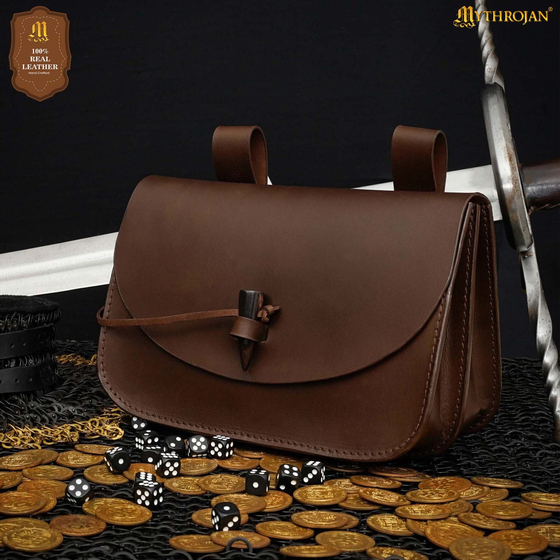Imagen única de: Mythical Venture Medieval Leather Bag - Full Grain Brown Bolsa para Larp y Temas Medievales