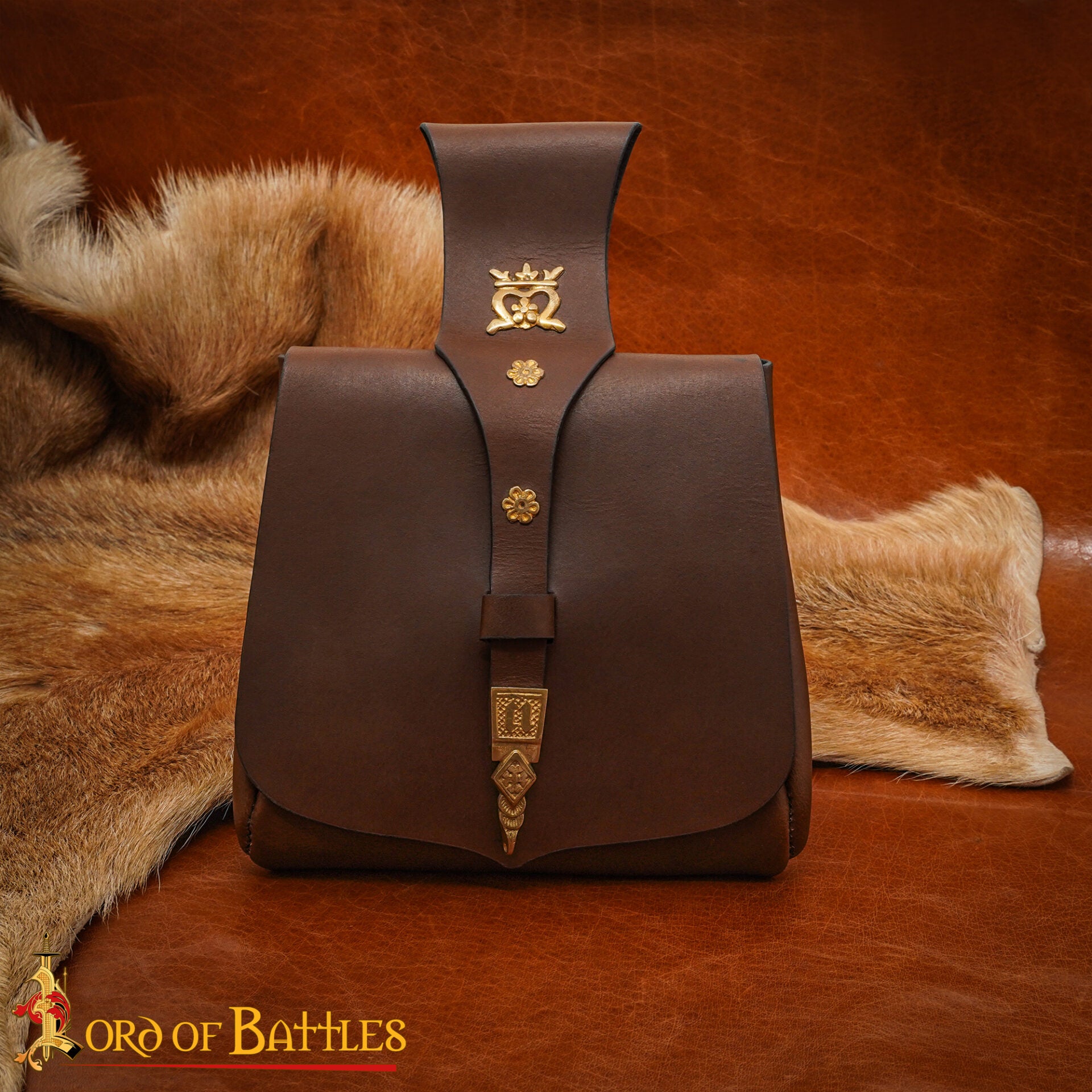 Bolsa de cinturón medieval King's Courtier de cuero con detalles de latón - Marrón