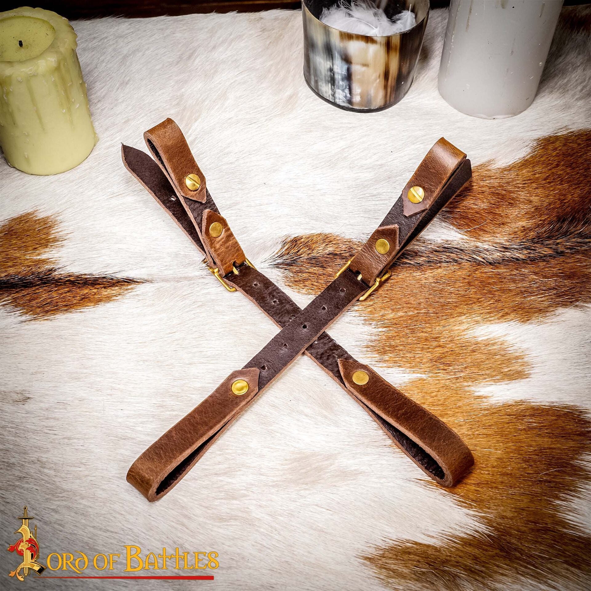 Colgador de espada medieval en cuero, doble correa ajustable - Marrón
