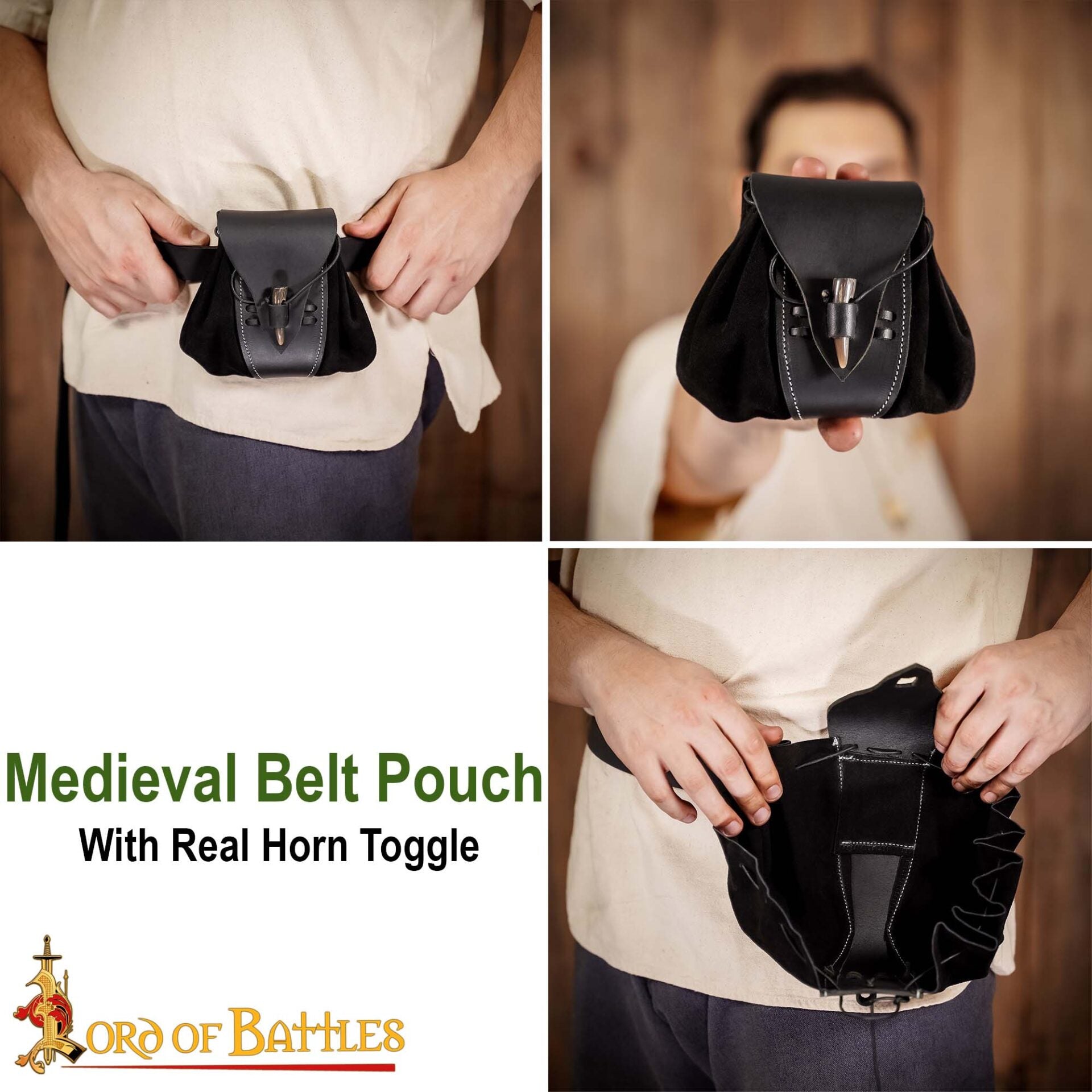 Bolsa de cinturón medieval de ante y cuero con broche de cuerno - imagen 20