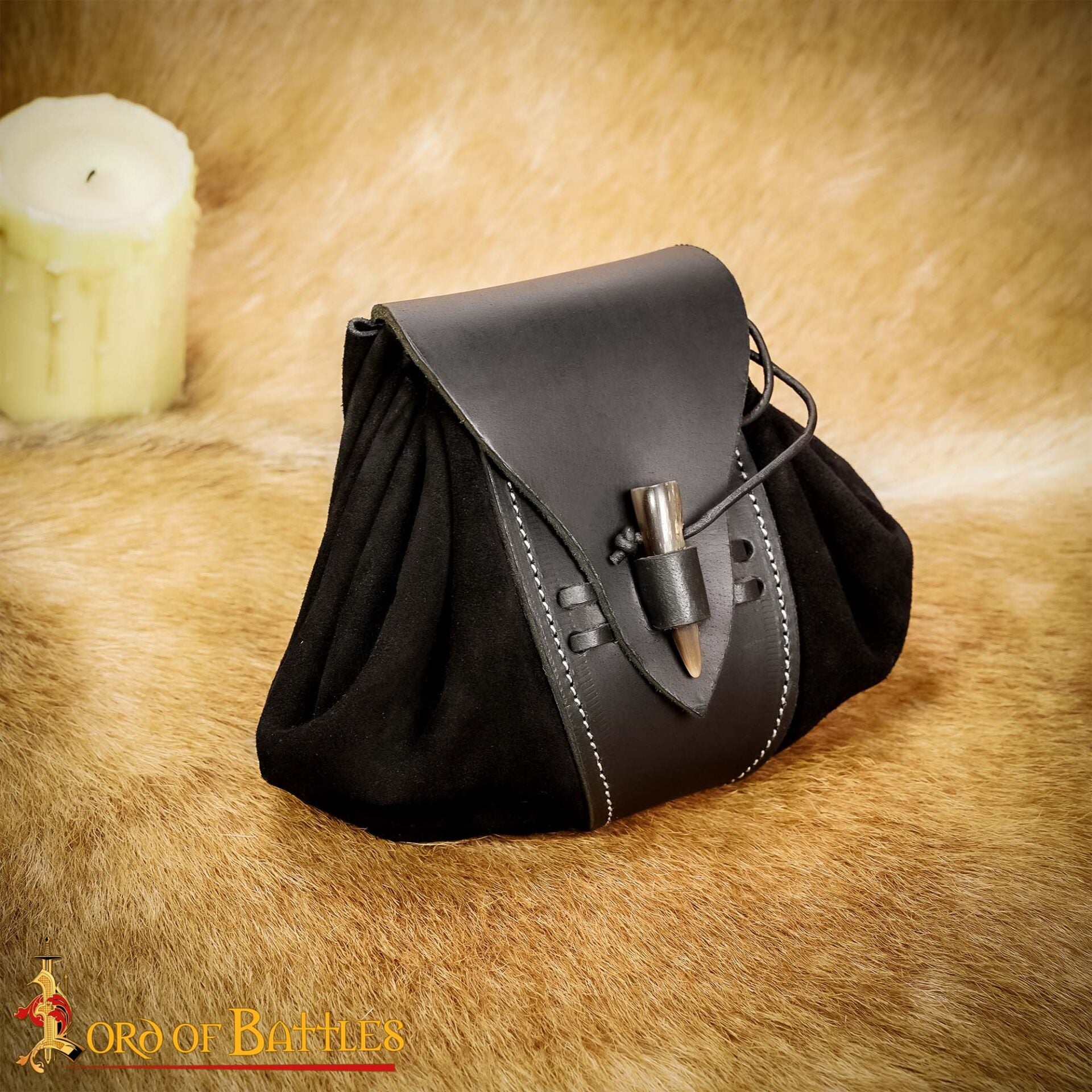 Bolsa de cinturón medieval de ante y cuero con broche de cuerno - Negro