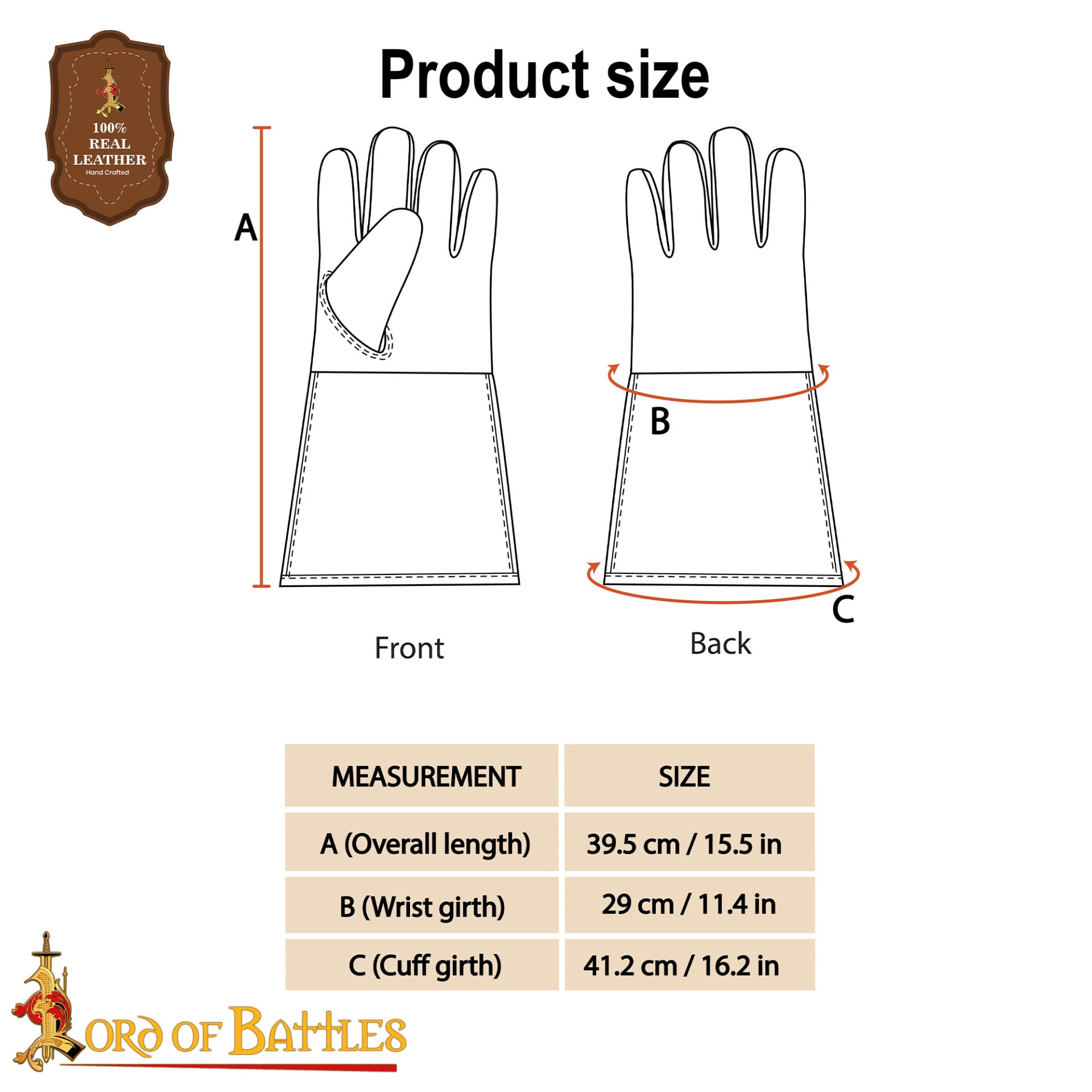 Guantes medievales de ante 38 cm con costura interior — Marrón / Negro - imagen 3