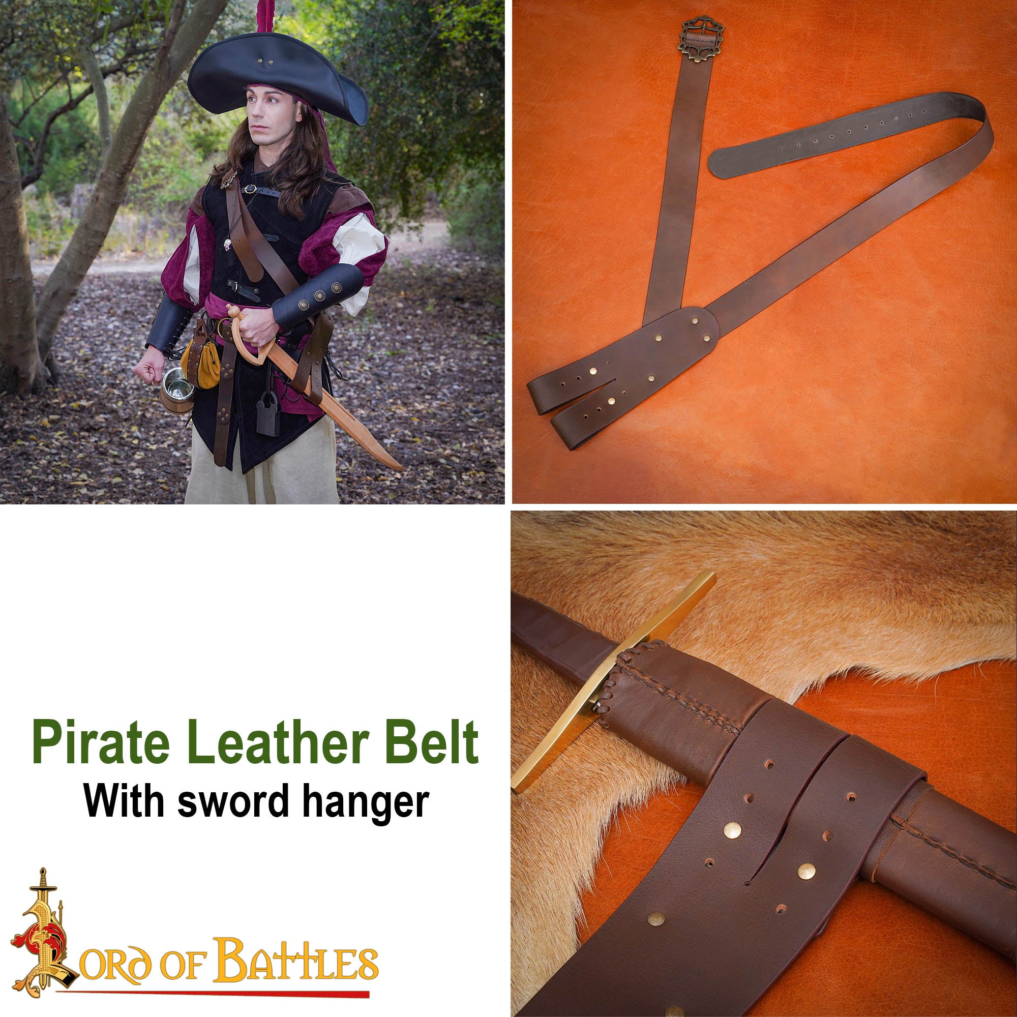 Imagen única de: Pirate Baldric Leather Sword Belt - Cinturón de Hombro de Cuero Marrón Hecho a Mano con Hebilla de Latón