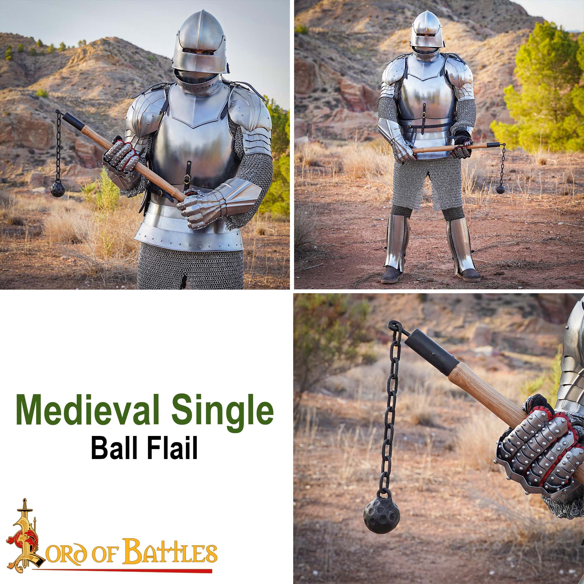 Maza de cadena medieval con bola de hierro y mango de madera - imagen 9