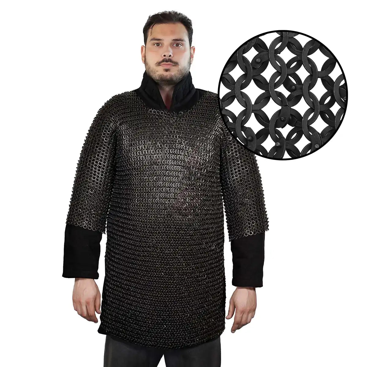 Haubergeon de malla, anillas 9 mm remachadas, calibre 17 - Negro - L