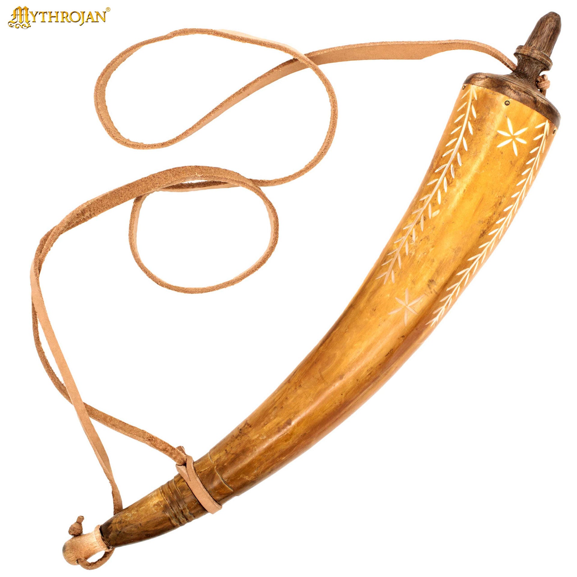 Polvorera vikinga de cuerno con correa de cuero