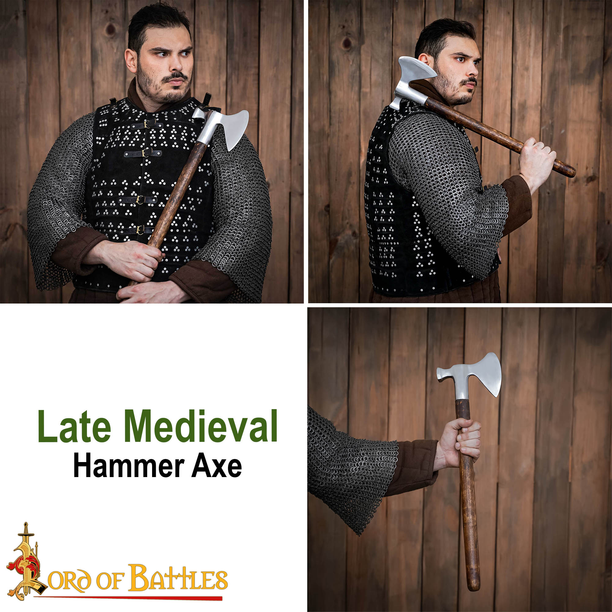 Hacha-martillo medieval tardío en acero al carbono y mango de madera - imagen 11