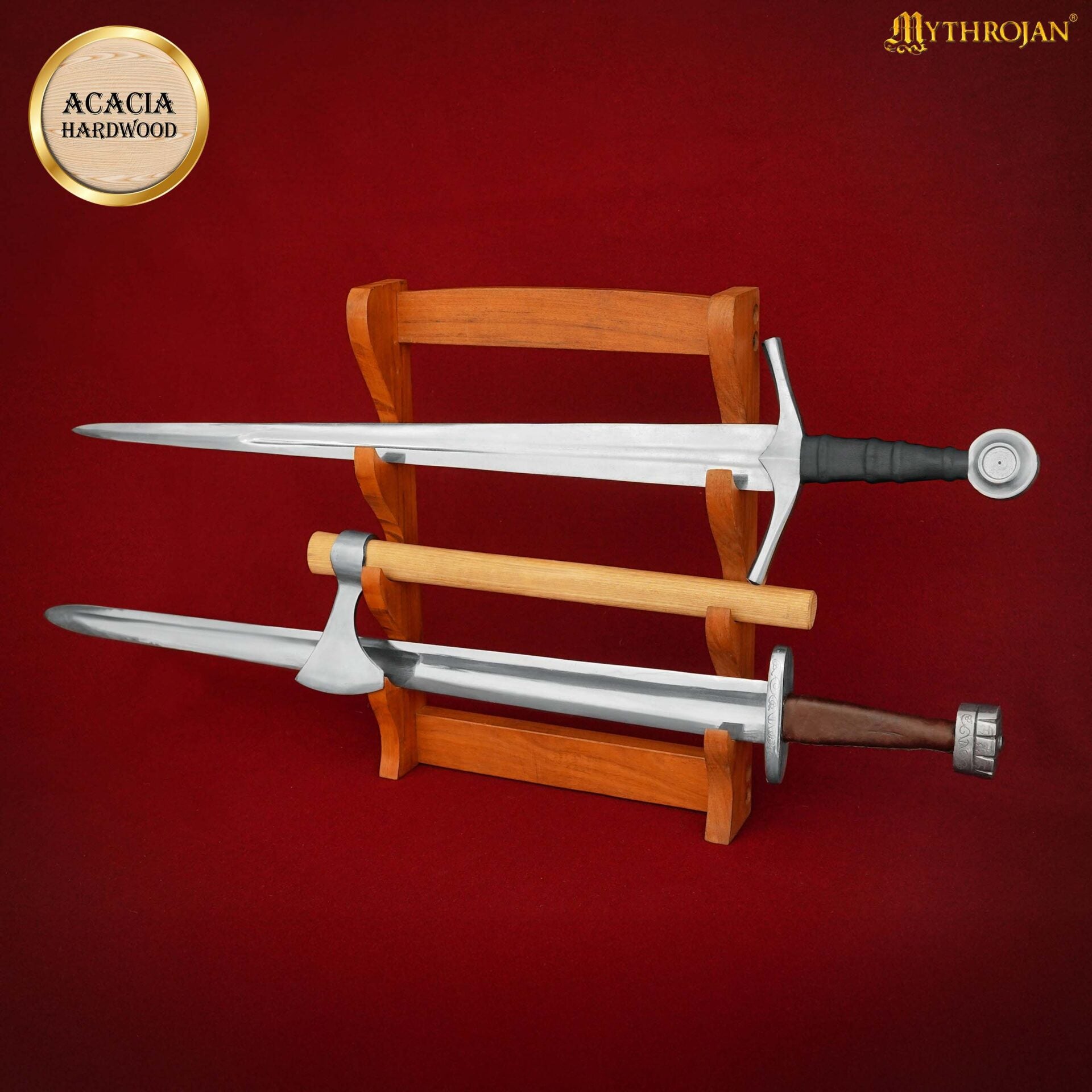 Soporte de Madera Maciza para Espadas - 3 Niveles (Acacia) - Natural - 17.3" X 1.9" X 11.5"