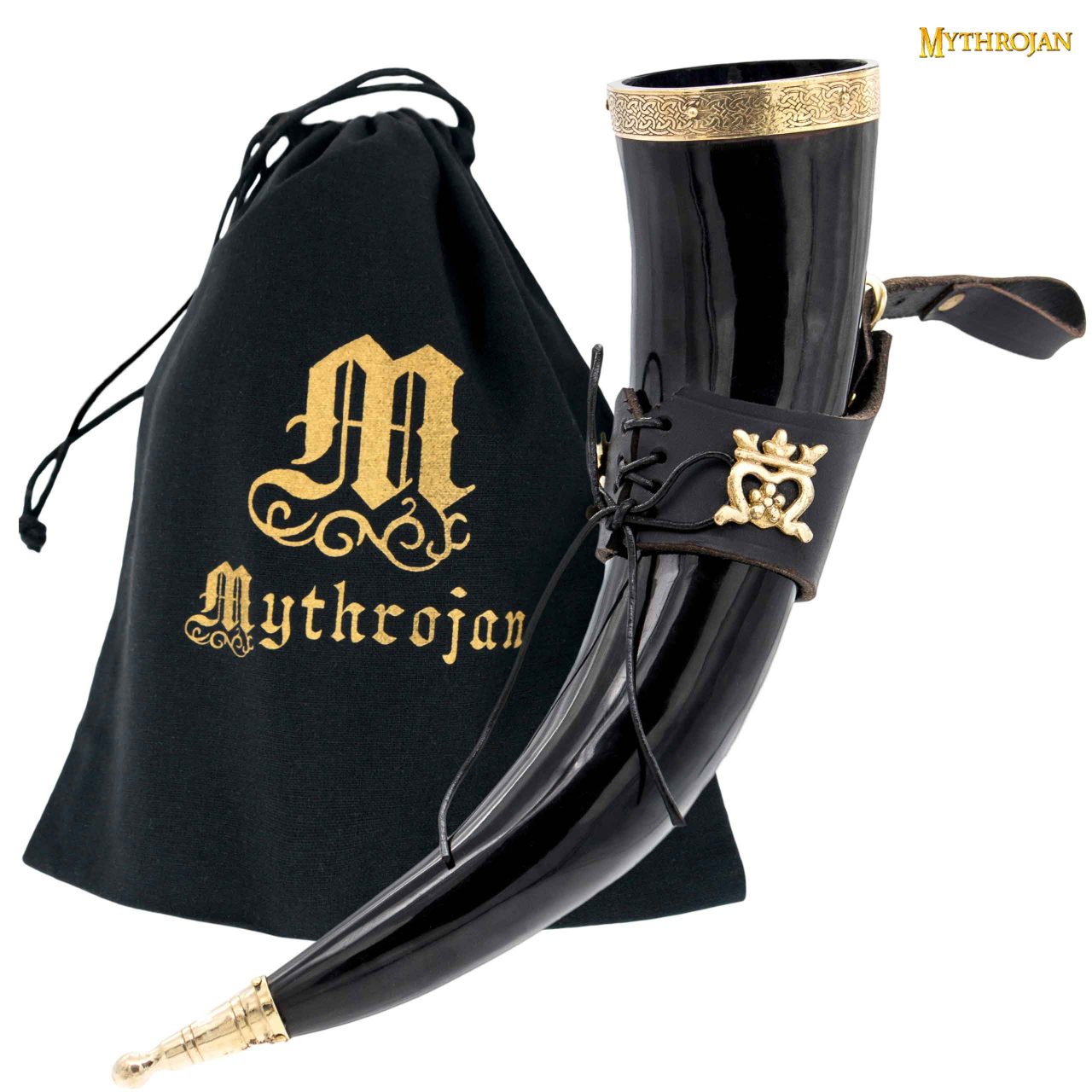Cuerno vikingo para beber "The Elegant Lady" con soporte de cuero negro - Acabado pulido