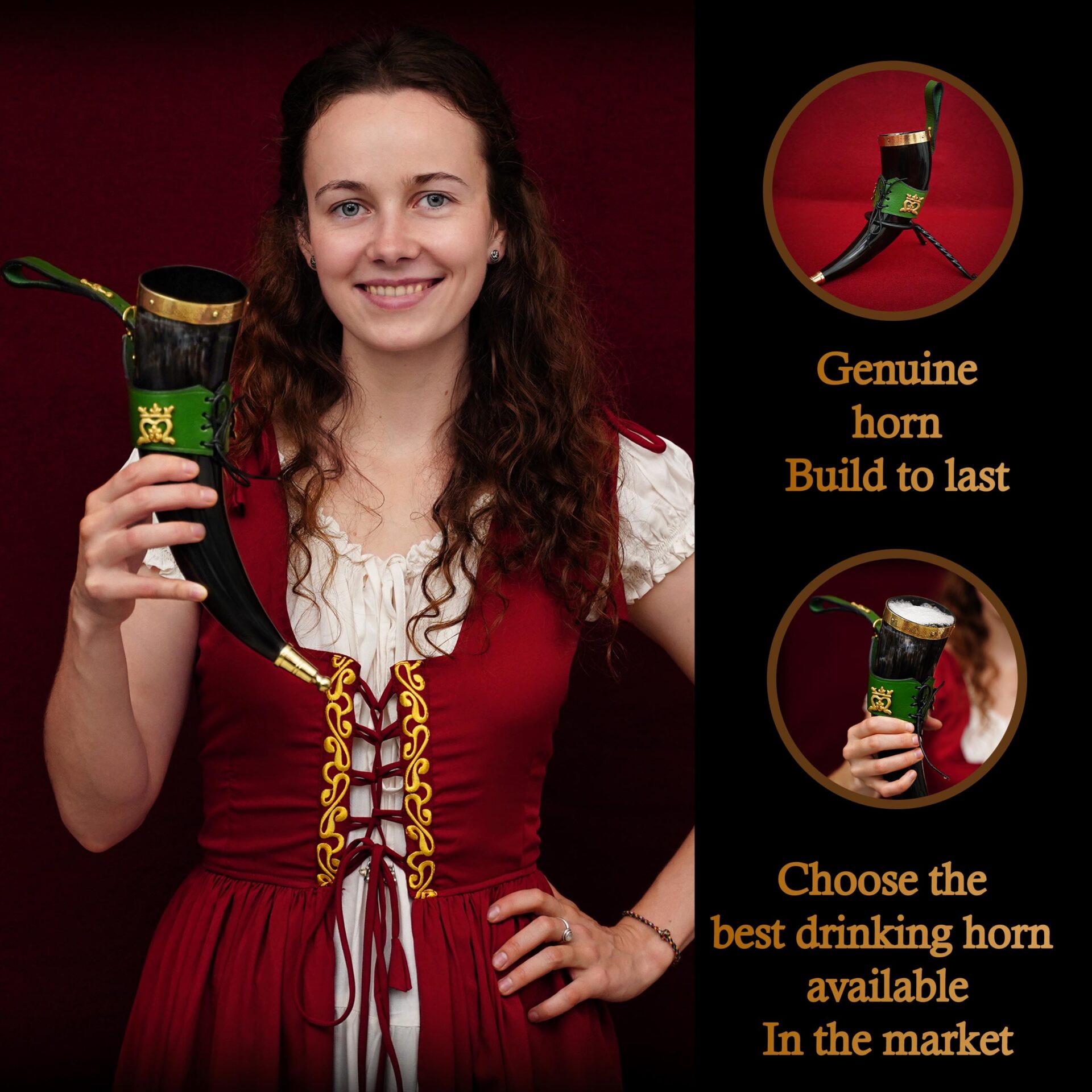 Imagen única de: Cuerno vikingo 350 ml 'The Elegant Lady' con funda de cuero verde - Con Defecto
