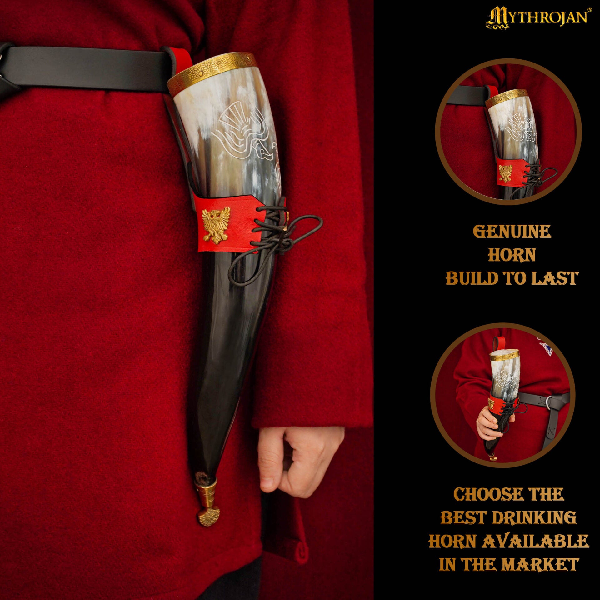 Imagen única de: Mythrojan El Ave de Presa – Cuerno Vikingo Pulido 350 ml con Soporte de Cuero Rojo