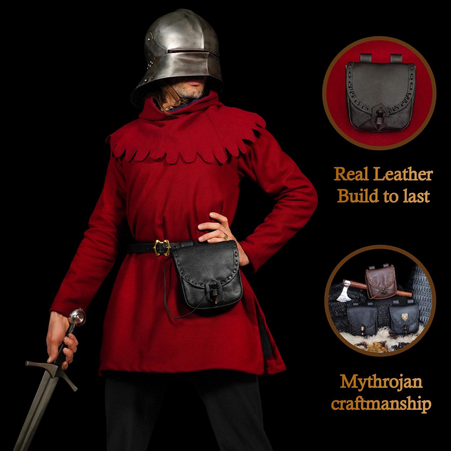 Bolsa de cinturón medieval de cuero con cierre de cuerno - imagen 15
