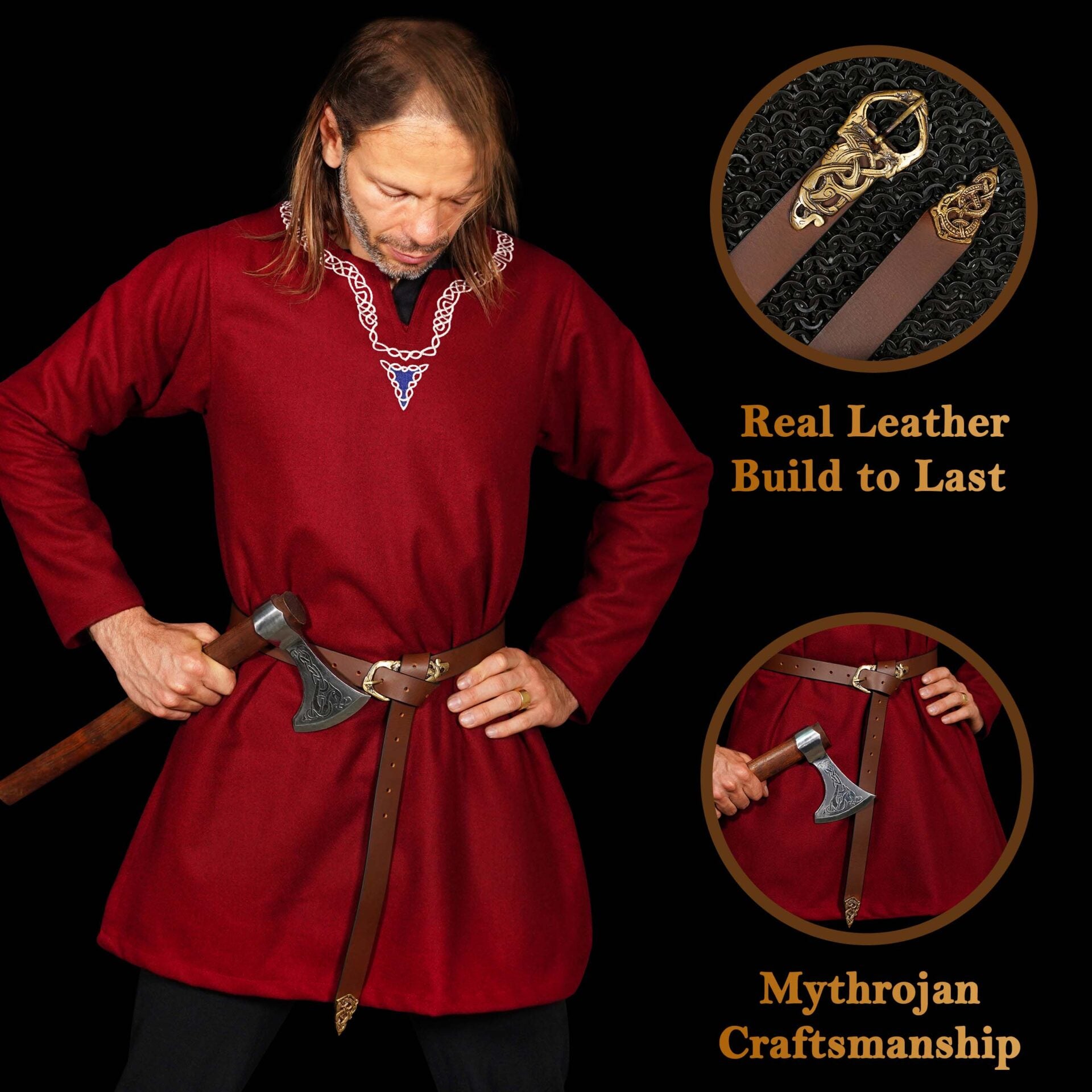 Imagen única de: Cinturón vikingo de piel con serpiente y hebilla de latón