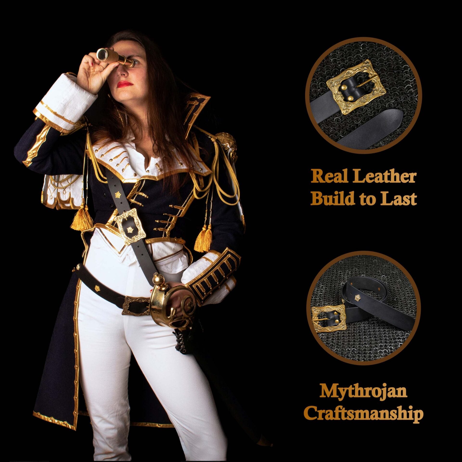 Cinturón medieval Mythrojan de cuero negro con hebilla de latón - imagen 2
