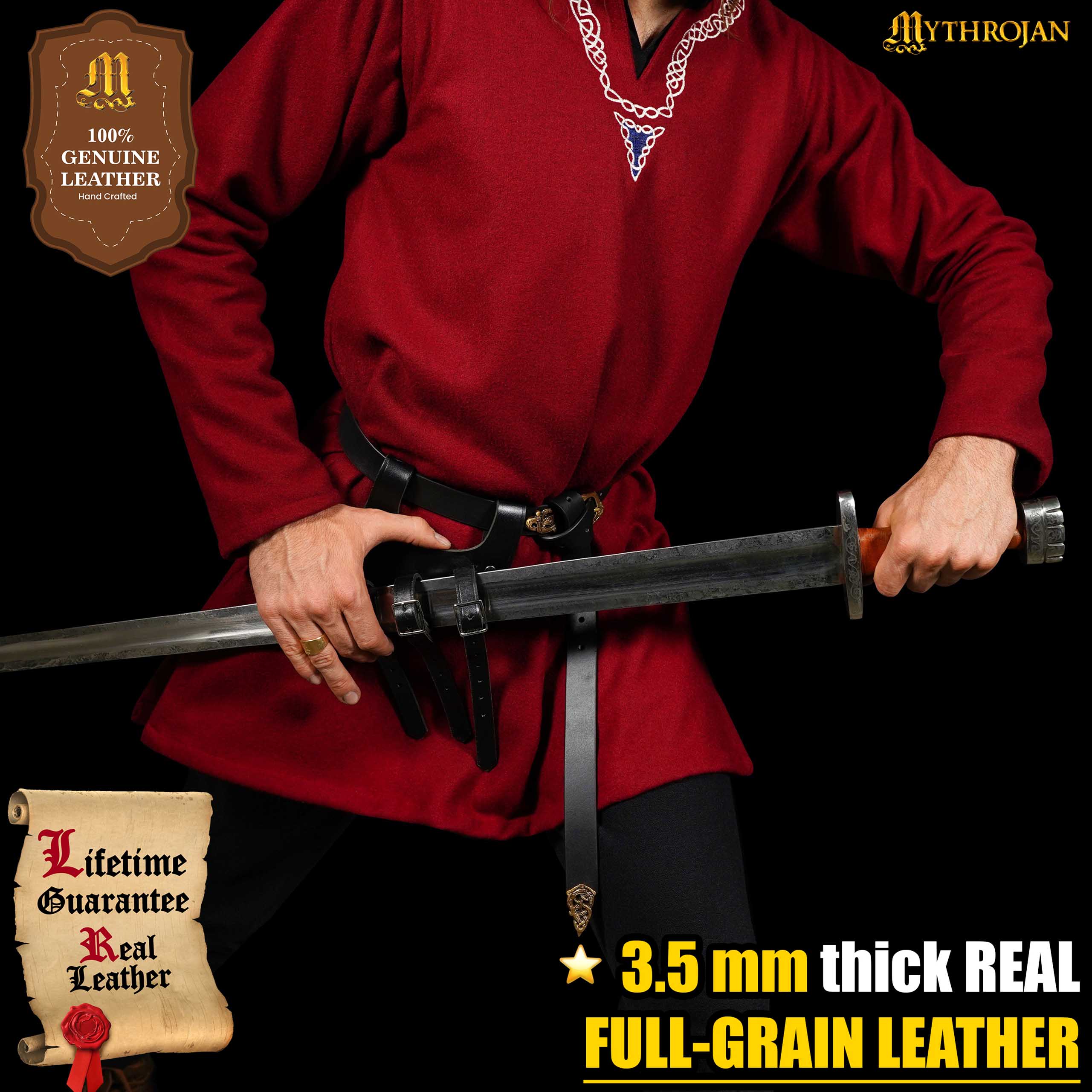 Bandolera renacentista de cuero para espada con triple hebilla — Negro/Marrón - imagen 20