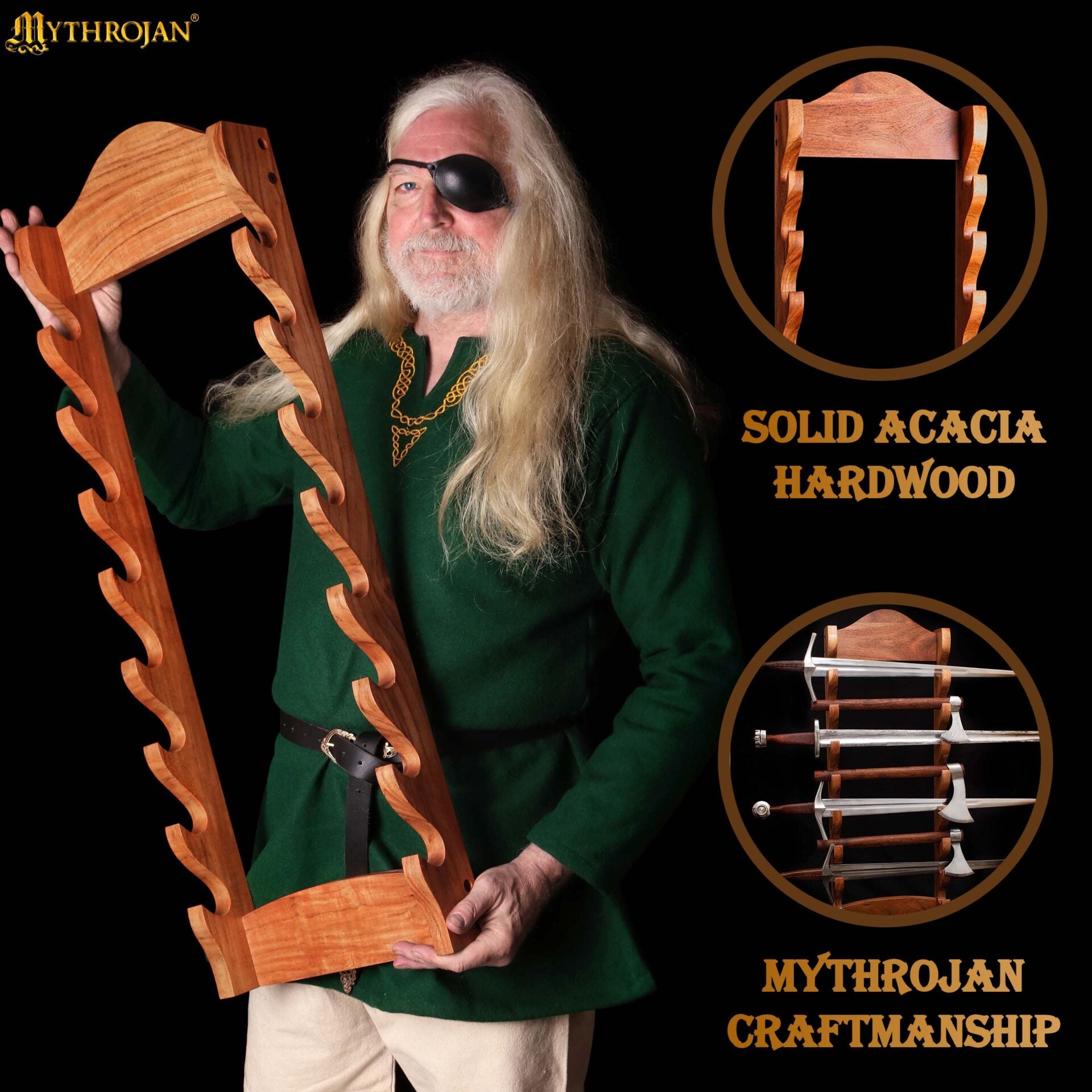 Soporte mural de madera maciza para espadas y hachas - imagen 7