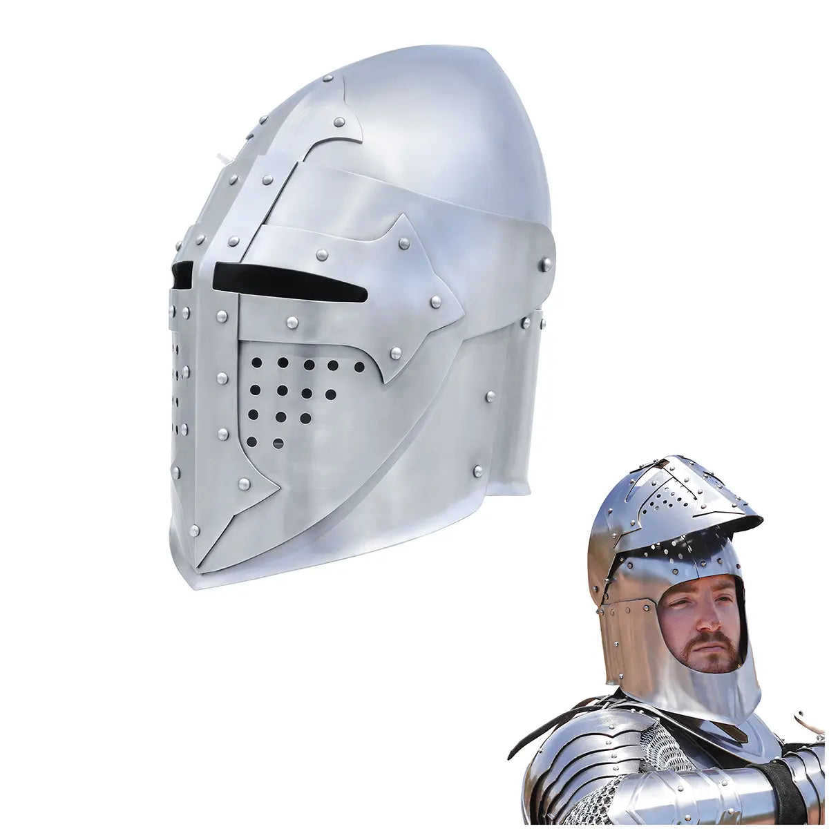 Casco bacinete visoreado siglo XIV con forro de cuero